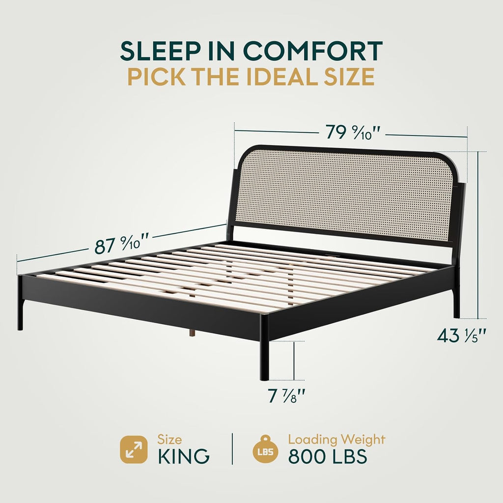 Bme Aurelia King Bed Frame, Solid Acacia Wood, Boho & Mid-Century Modern Style, Rattan Headboard, US Patent Pending Design, Slat Support and No Box Spring Needed, 800 lbs Support, Easy Assembly, Black