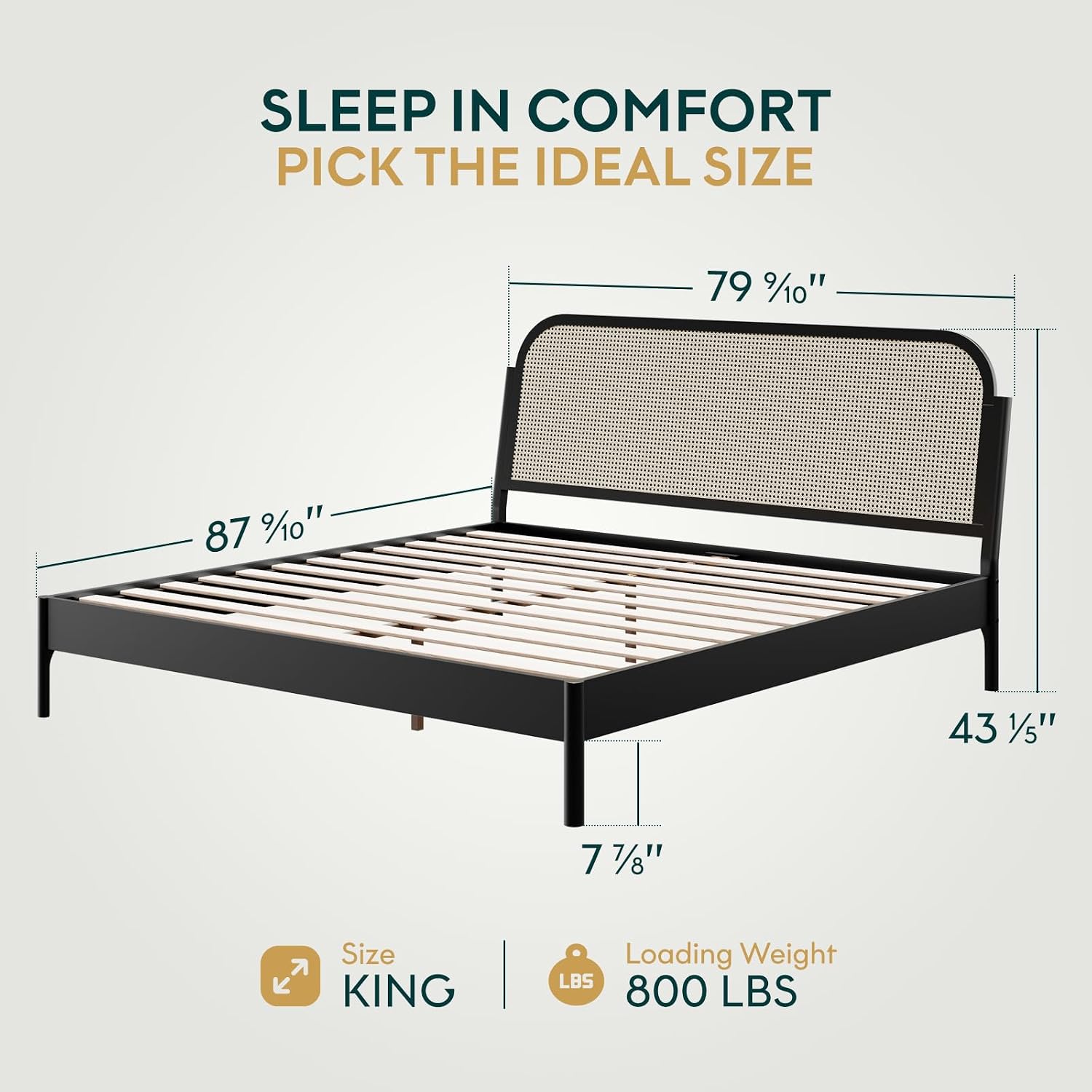 Bme Aurelia King Bed Frame, Solid Acacia Wood, Boho & Mid-Century Modern Style, Rattan Headboard, US Patent Pending Design, Slat Support and No Box Spring Needed, 800 lbs Support, Easy Assembly, Black