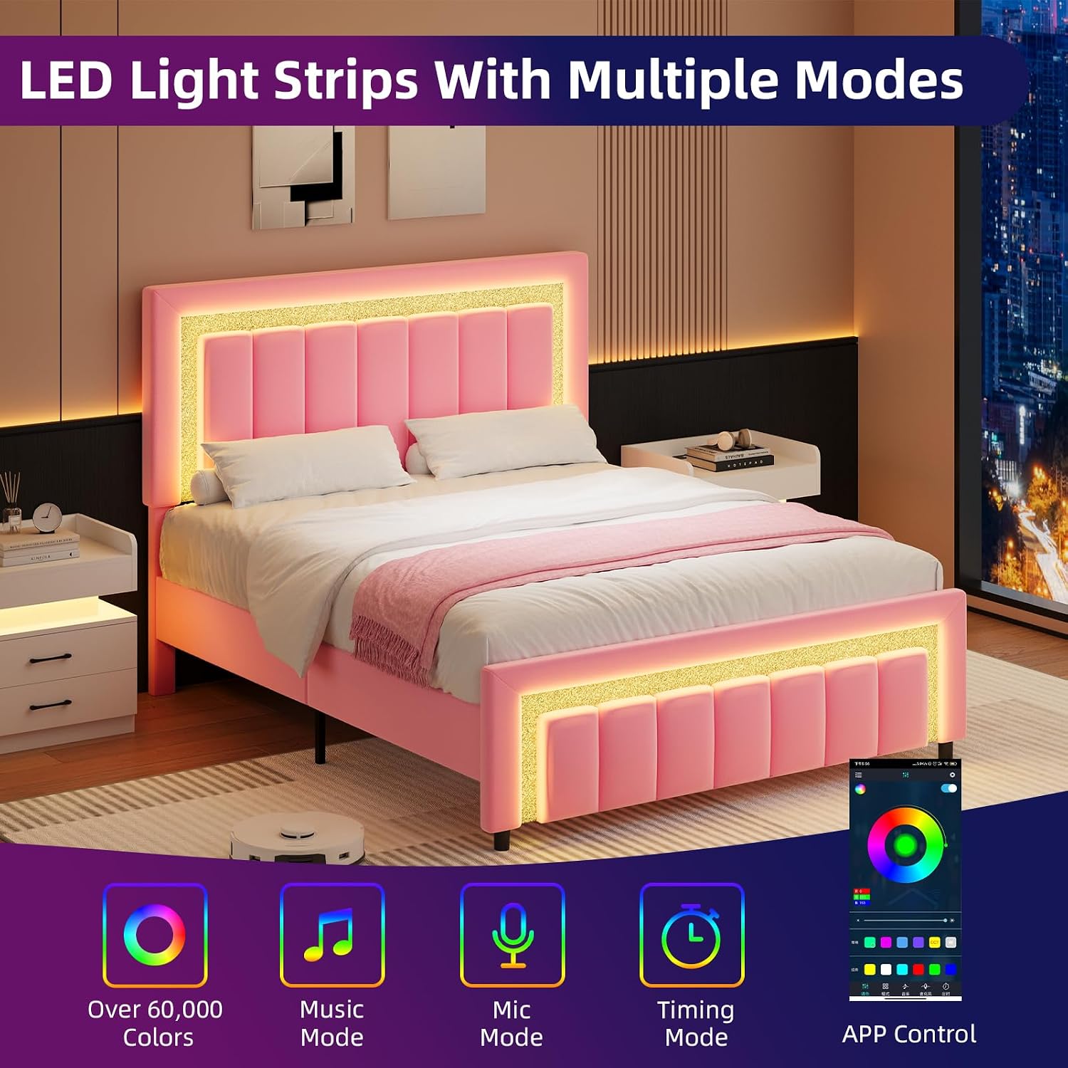 HOMBCK Queen Size Bed Frame with LED Lights and Velvet Adjustable Headboard, Queen Size Bed Frames with Diamond Headboard & Footboard, Wooden Slats Support, Noise Free, No Box Spring Needed, Pink