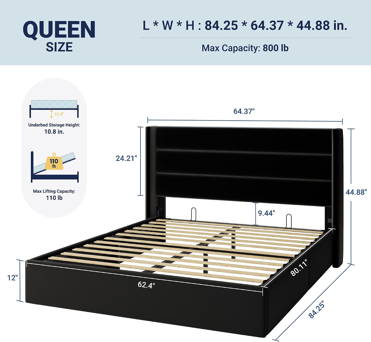 Allewie Queen Size Velvet Lift Up Storage Bed, Modern Wingback Headboard, Hydraulic Support, No Box Spring Needed, Black