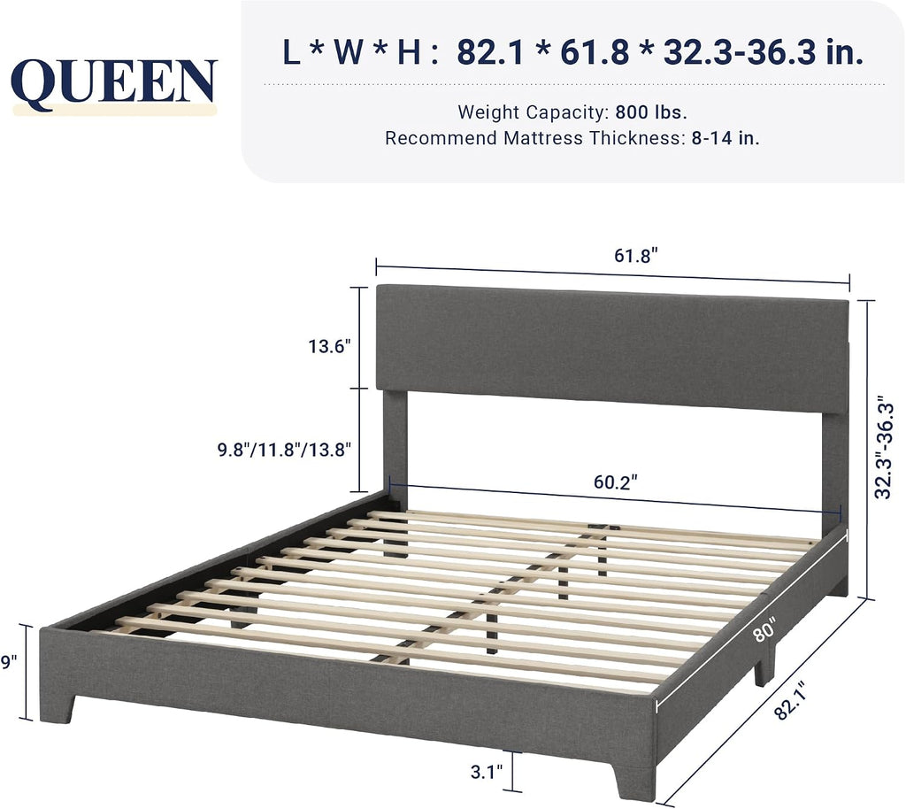 Allewie Queen Bed Frame with Adjustable Headboard, Upholstered Platform Bed with Wood Slats, Heavy Duty Mattress Foundation, No Box Spring Needed, Noise-Free, Easy Assembly, Dark Grey