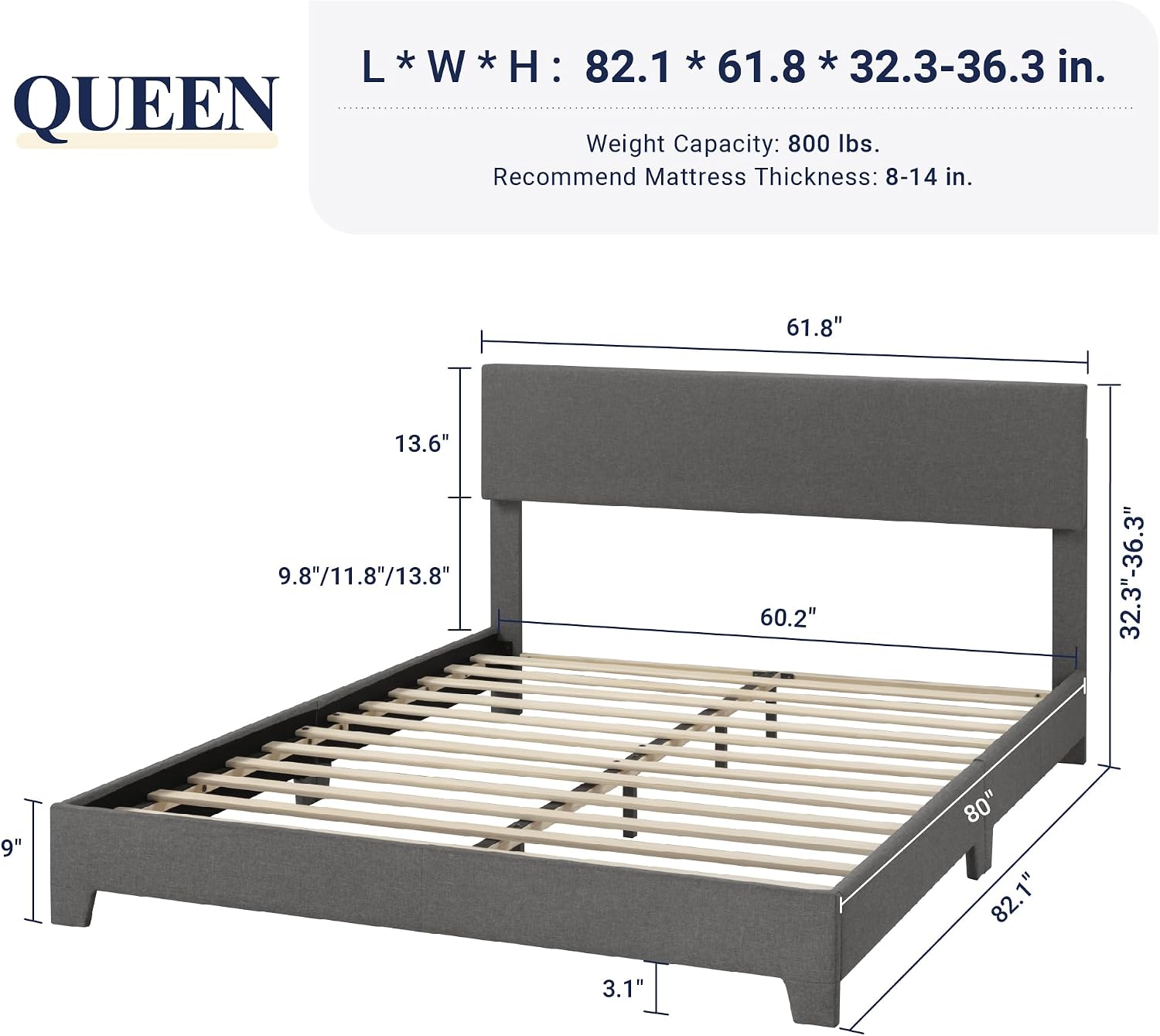 Allewie Queen Bed Frame with Adjustable Headboard, Upholstered Platform Bed with Wood Slats, Heavy Duty Mattress Foundation, No Box Spring Needed, Noise-Free, Easy Assembly, Dark Grey
