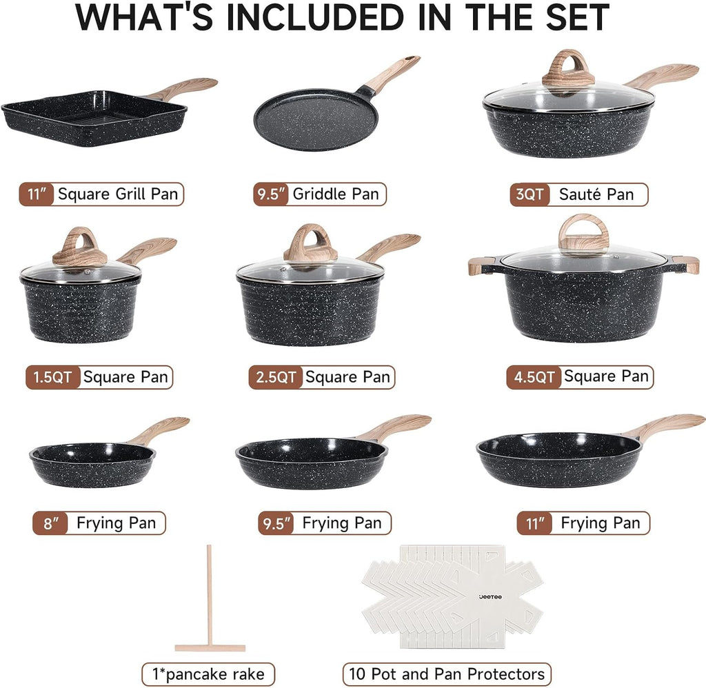 JEETEE 24Pcs Ceramic Cookware Set, Gray Pots and Pans Set Non Stick, Kitchen Healthy Non Toxic Induction Cookware Sets W/Saucepans, Sauté Pan, Griddle, Crepe Pan & Pancake Rake (PTFE, PFOSFree)