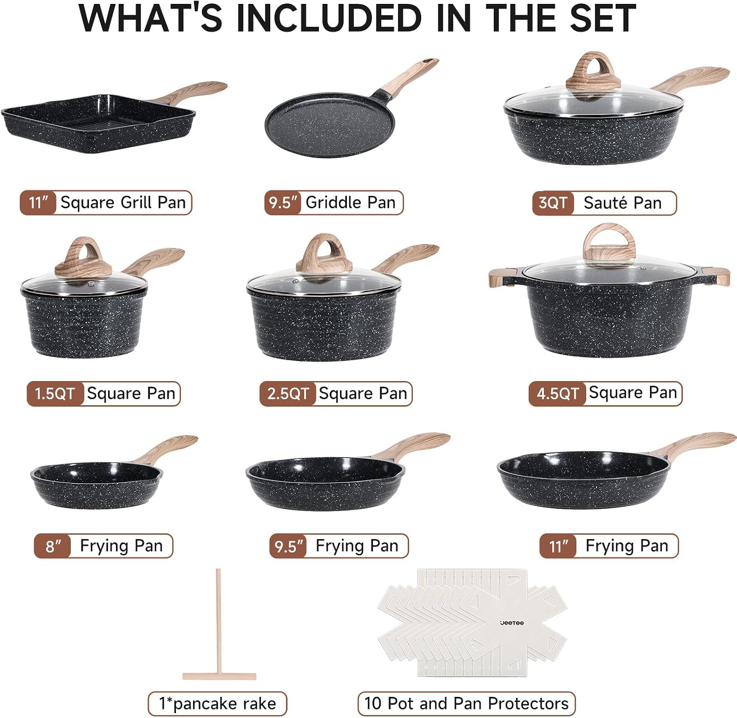 JEETEE 24Pcs Ceramic Cookware Set, Gray Pots and Pans Set Non Stick, Kitchen Healthy Non Toxic Induction Cookware Sets W/Saucepans, Sauté Pan, Griddle, Crepe Pan & Pancake Rake (PTFE, PFOSFree)