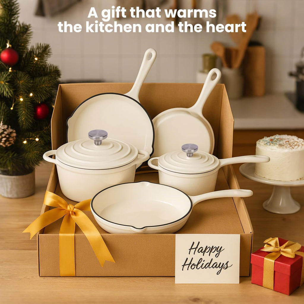 QuliMetal Enameled Cast Iron Cookware Set, 5-Piece Pots and Pans Set with Lids, Skillet, Frying Pan, Saucepan & Dutch Oven for All Stovetops, PFOA Free, Ideal for Sourdough Bread Baking