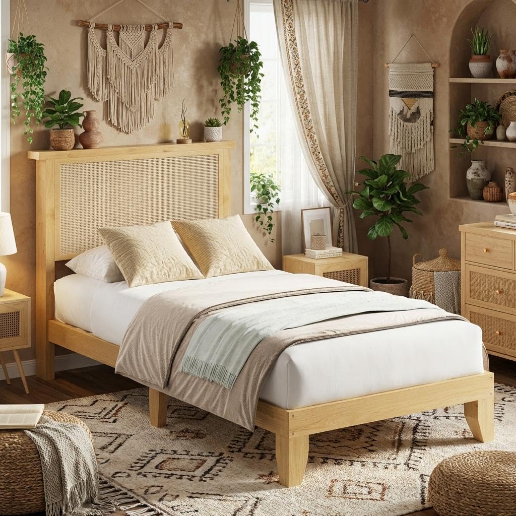 IDEALHOUSE Rattan Bed Frame Twin Size with Natural Rattan Headboard & LED Lights, Wood Twin Bed Frame with Solid Wood Foundation, No Box Spring Needed, Natural