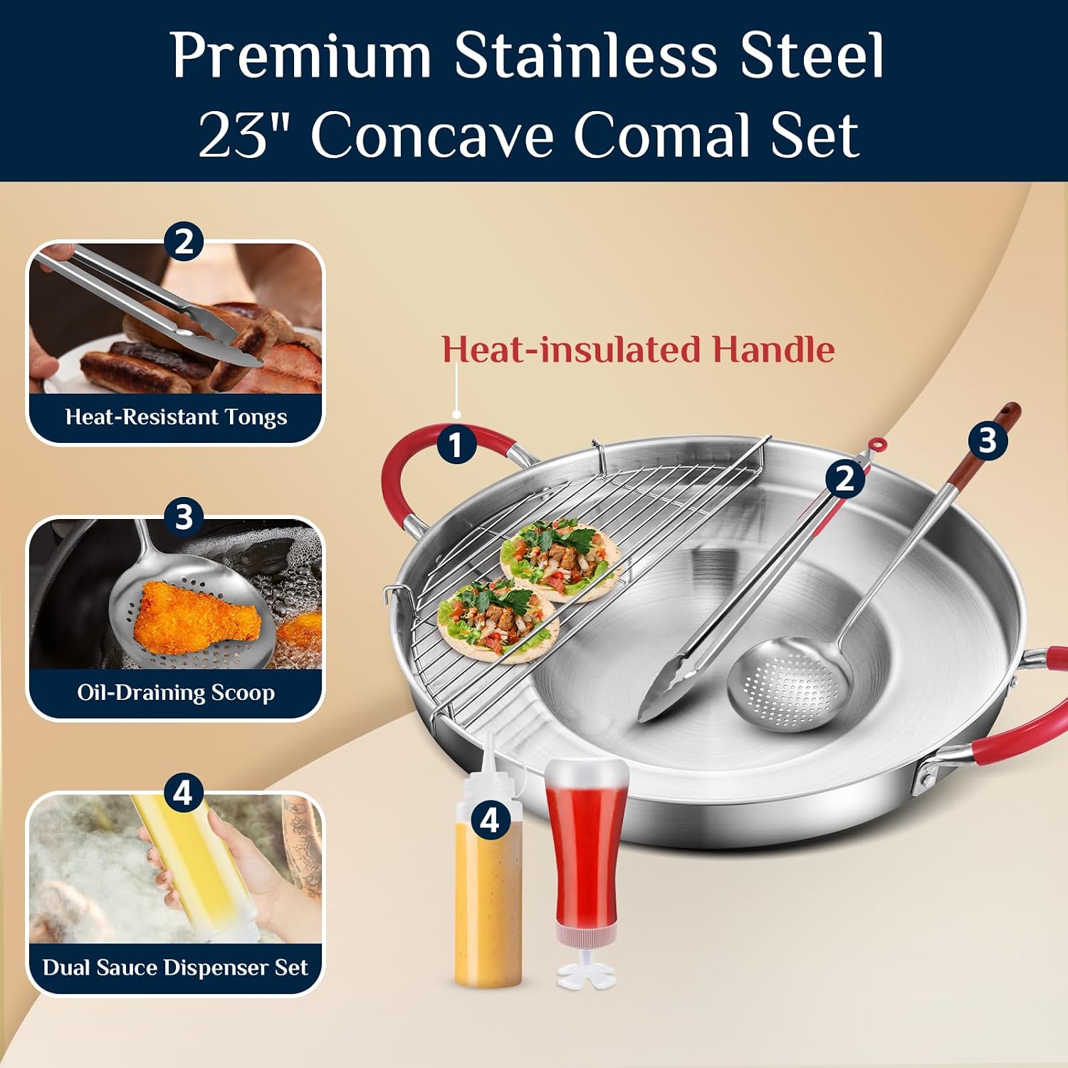 23' Concave Comal w/50,000BTU Propane Grill Burner Set, Discada disc Outdoor Cooker, Stainless Steel Griddle Fryer Cookware Set, Disco Para Cocinar, Tacos Stir Fry Wok, Paella Burner and Stand Set