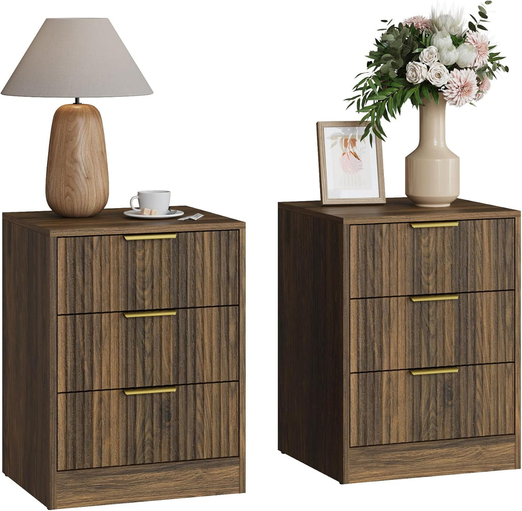 3-Piece Modern Bedroom Furniture Set, Wide 6-Drawer Dresser & 3-Drawer Nightstands Set of 2, Natural Wood Dresser and Nightstand Sets for Bedroom, Hallway, Walnut