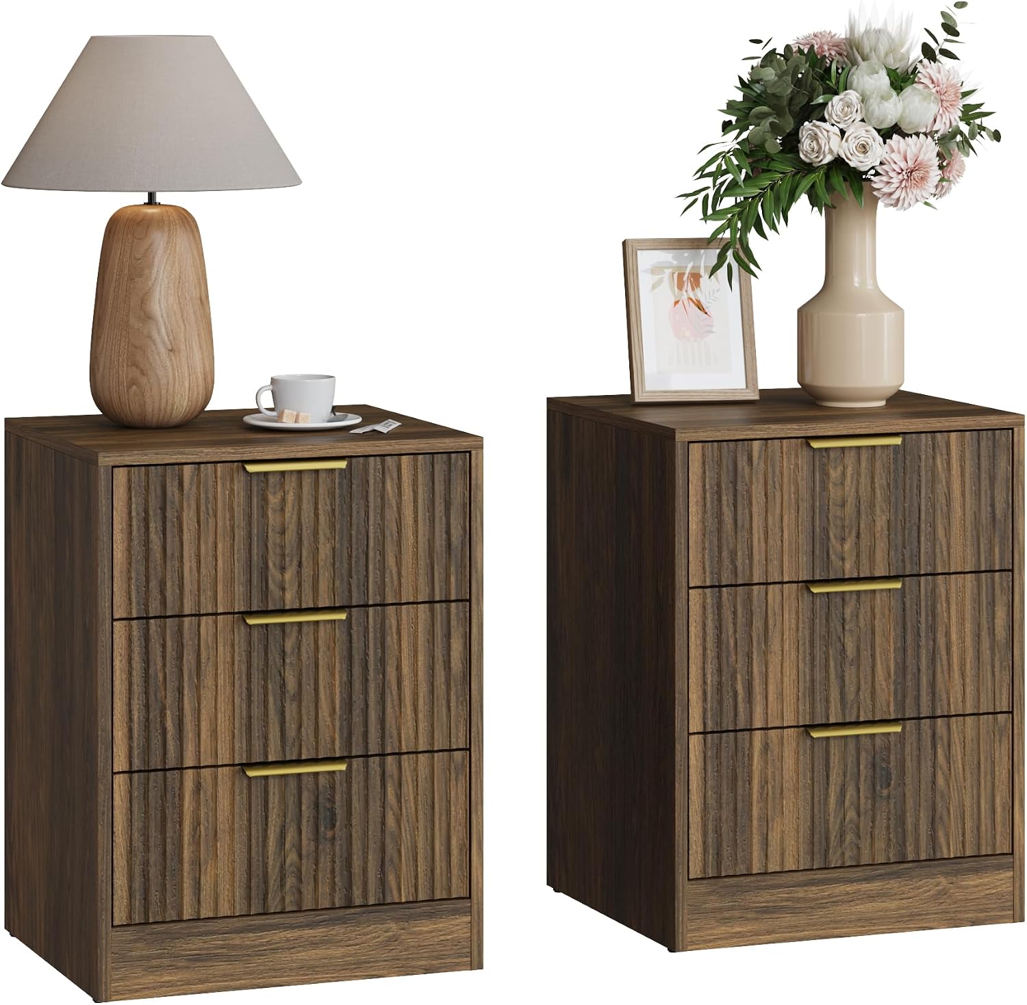 3-Piece Modern Bedroom Furniture Set, Wide 6-Drawer Dresser & 3-Drawer Nightstands Set of 2, Natural Wood Dresser and Nightstand Sets for Bedroom, Hallway, Walnut