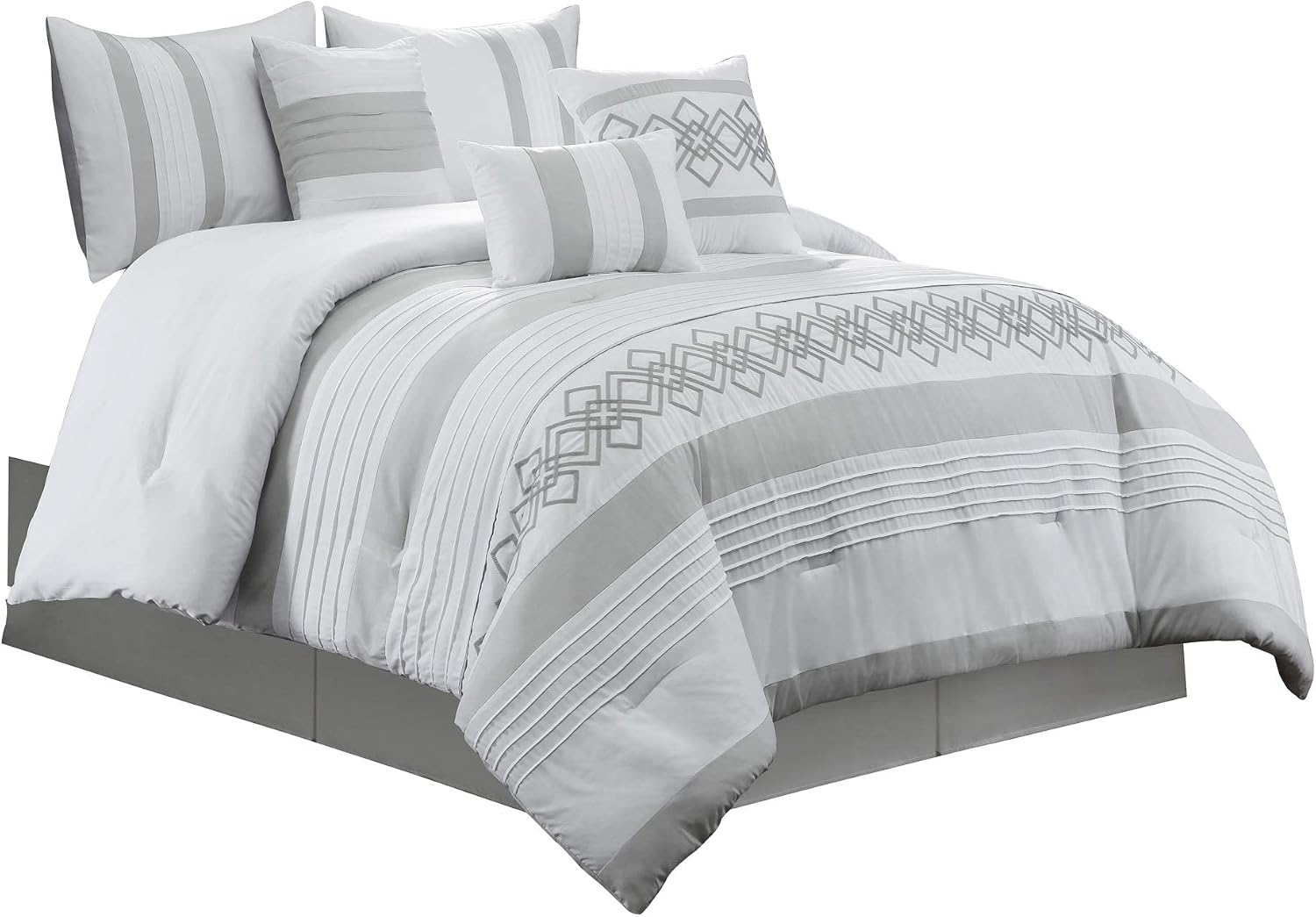 Chezmoi Collection Ariel 7-Piece Gray Geometric Chenille Embroidery Pleated Striped Comforter Bedding Set, Oversized King Size