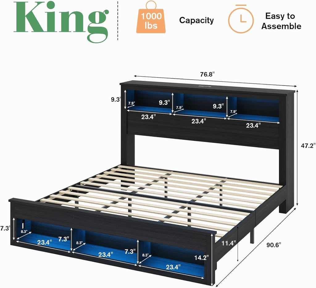 Albott Farmhouse King Size Bed Frame with Storage/Bookcase Headboard & Footboard, Wood Platform Bed with LED Lights/Charging Station, Heavy-Duty Metal Support/No Box Spring Needed/Noise-Free, Black