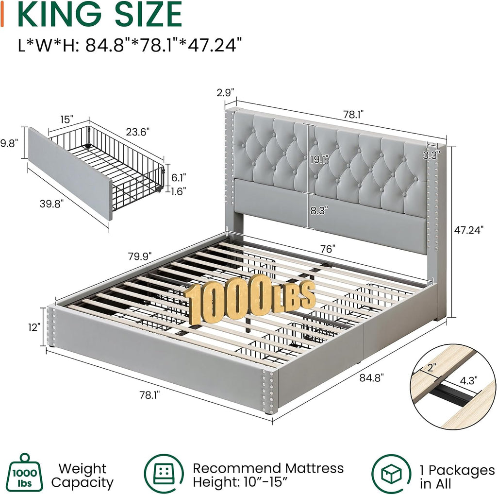 LARMACE King Size Bed Frame with 4 Storage Drawers and Tufted Headboard Velvet Upholstered Platform Bed Frame with Heavy Duty Wood Slats,No Box Spring Needed,Easy Assembly,Bluish Grey