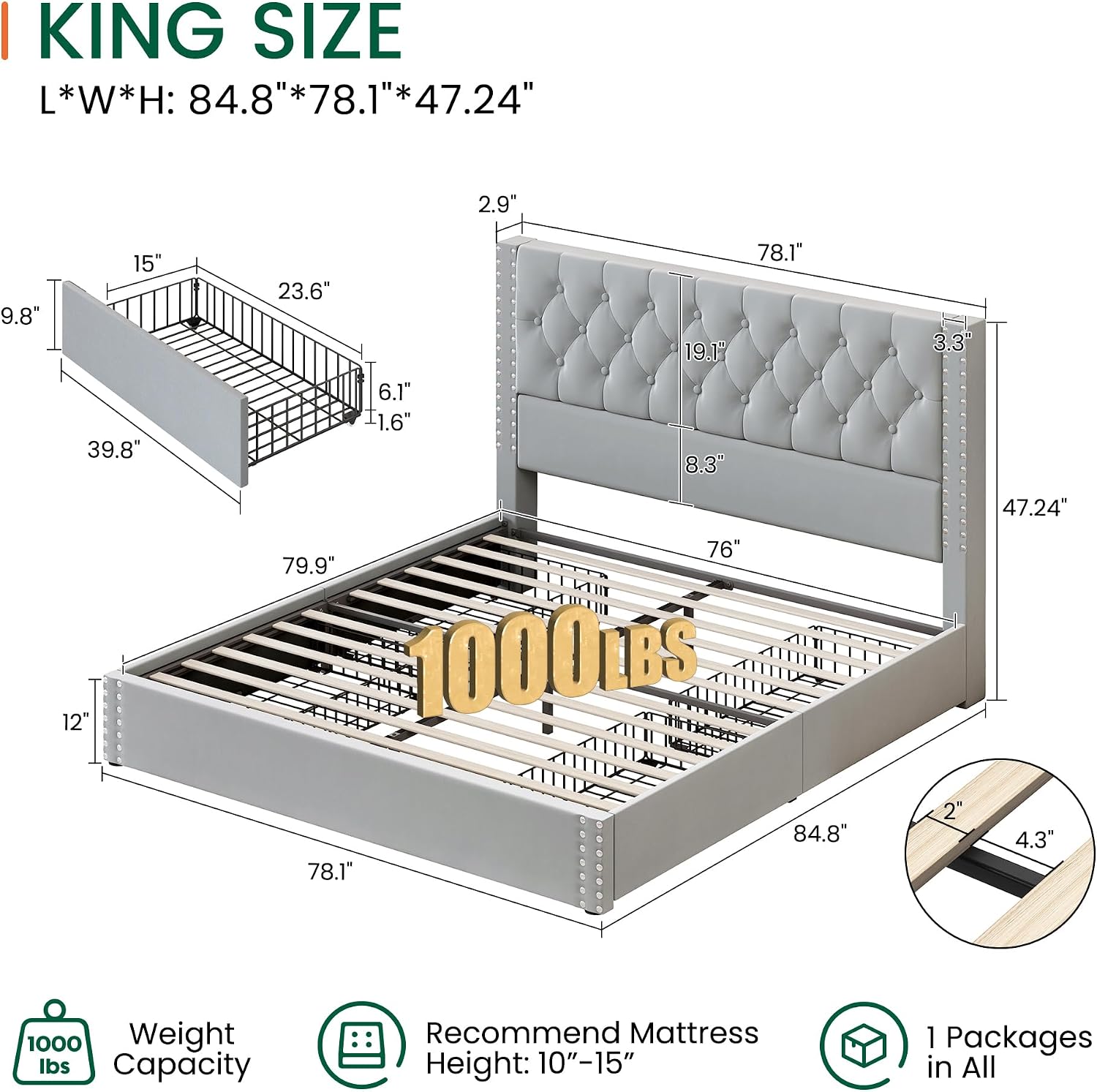 LARMACE King Size Bed Frame with 4 Storage Drawers and Tufted Headboard Velvet Upholstered Platform Bed Frame with Heavy Duty Wood Slats,No Box Spring Needed,Easy Assembly,Bluish Grey