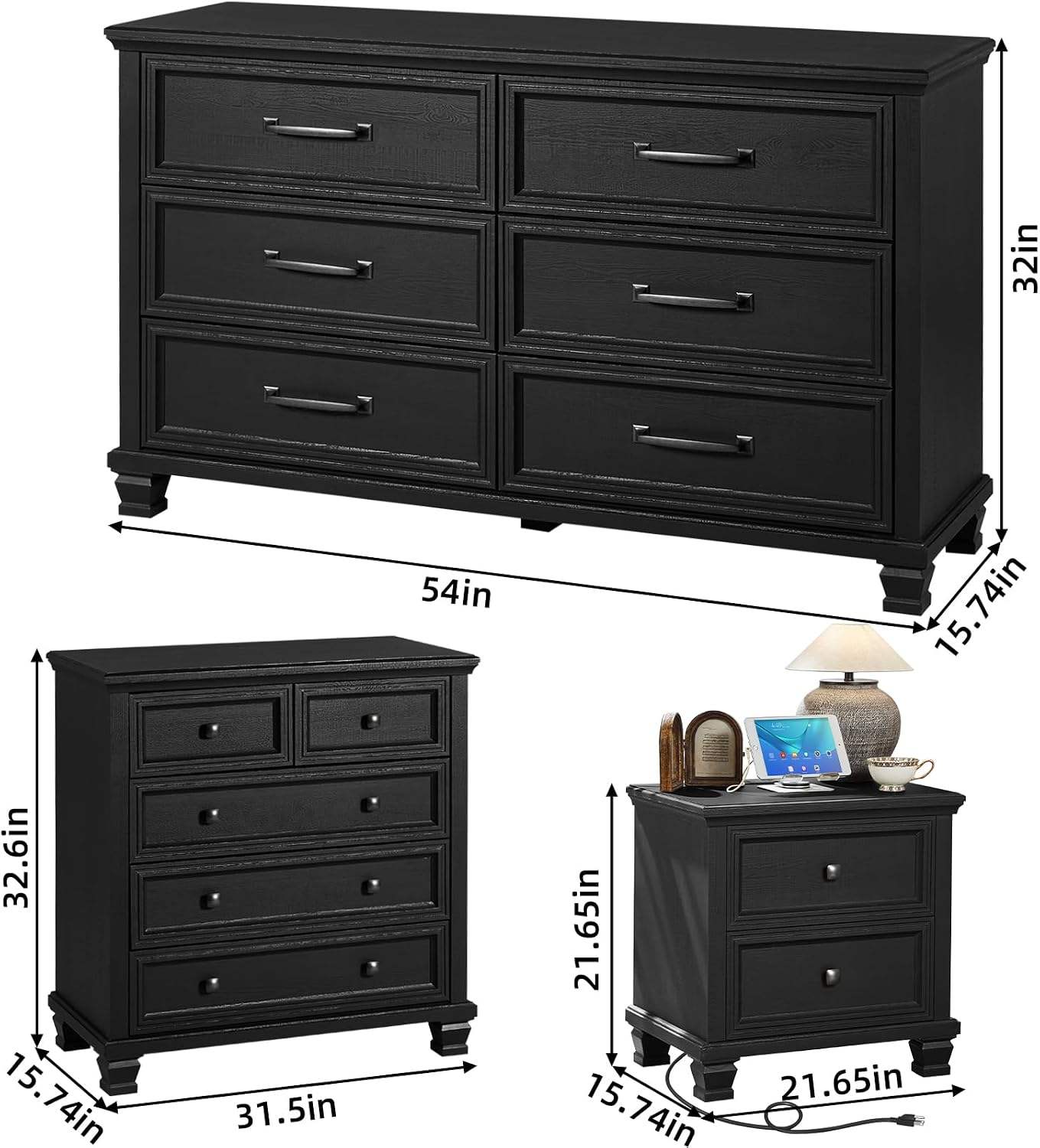 SAVOR LIFE Farmhouse Bedroom Dresser and Nightstand Set of 4, 6 Drawer Low & 5 Drawers Dresser & 2 Drawer Nightstand Set, Rustic Wood Furniture Set for Bedroom, Hallway, Black
