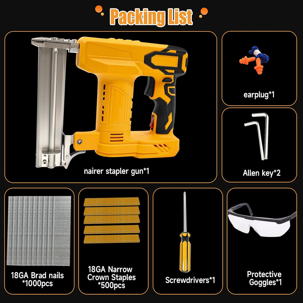 Cordless Brad Nailer Kit for DeWalt Batteries (No Battery), 2-in-1 Electric Brad Nailer/Stapler Gun with Safety Mechanism,Includes 1000 Straight Nails, 500 U Nails,Glasses for Wood Carpentry(Classic)