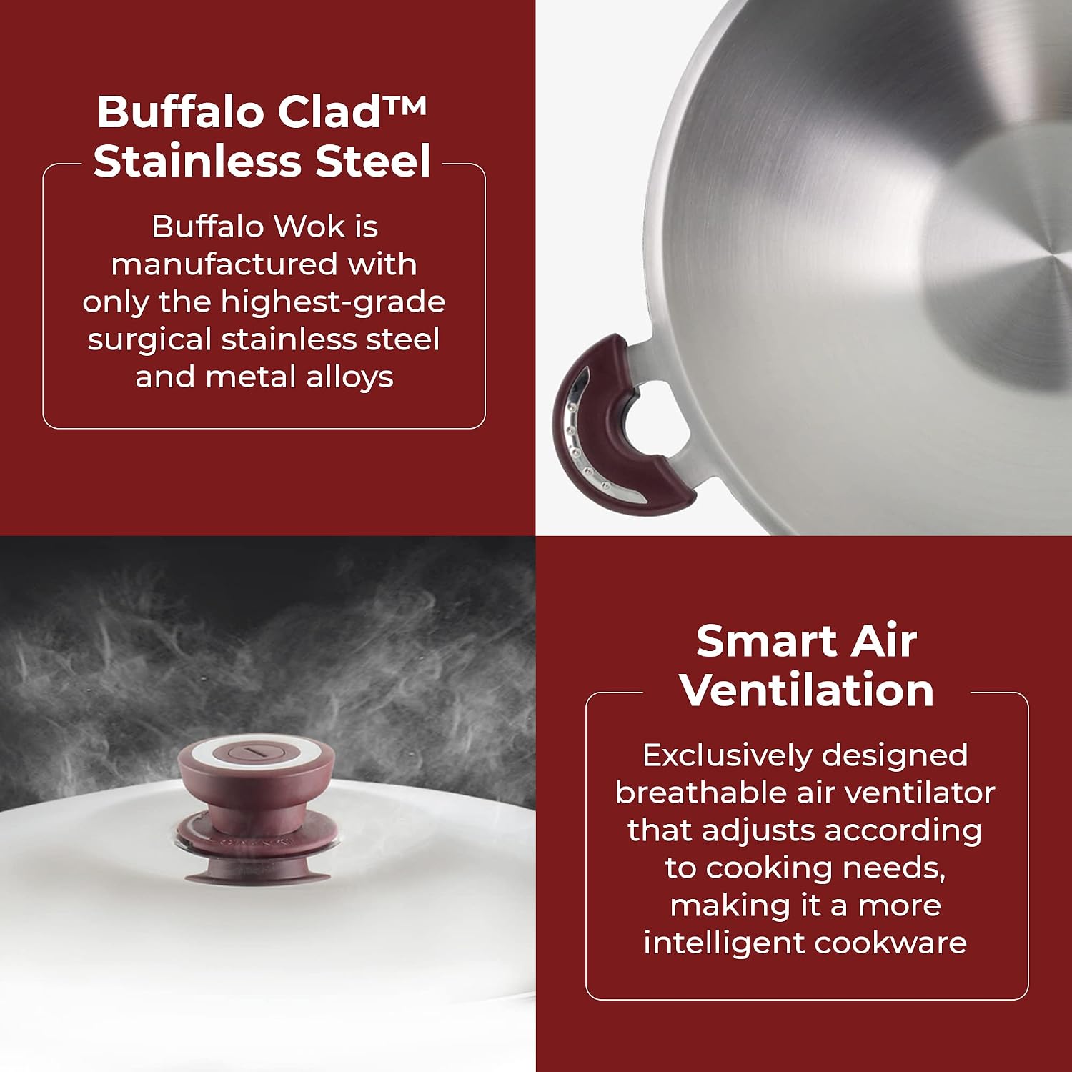 BUFFALO Clad Stainless Steel Wok Pan with Lid Flat Bottom 14 inch (35cm) Stir Frying Pan Tri-Ply Nonstick Cookware - Double Handle Cooking Pot for Induction/Electric/Gas Stoves
