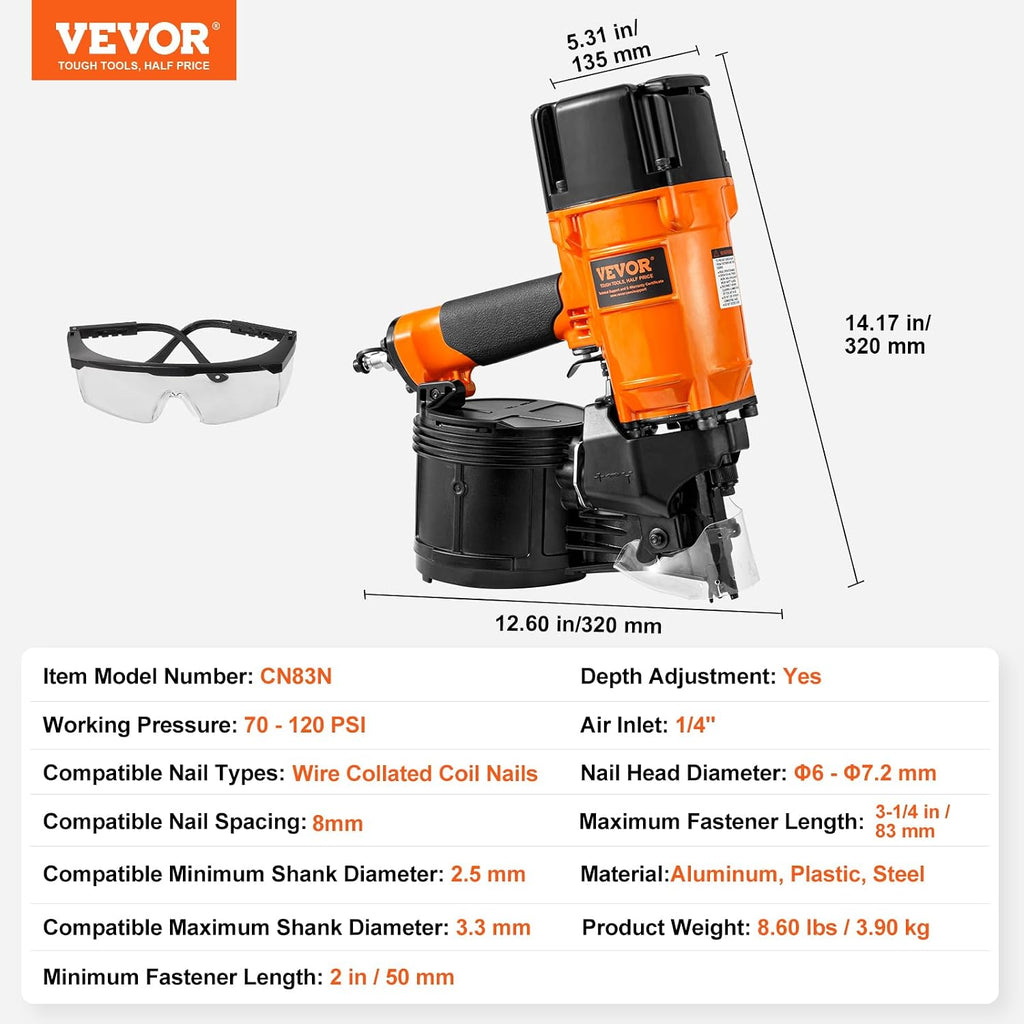 VEVOR Coil Siding/Framing Nailer CN83N, 2' to 3-1/4' 15 Degree Pneumatic Siding Nail Gun with Tool-Less Depth Adjustment, 70-120PSI Air Coil Nailer for Siding Sheathing Wooding Fencing Decking