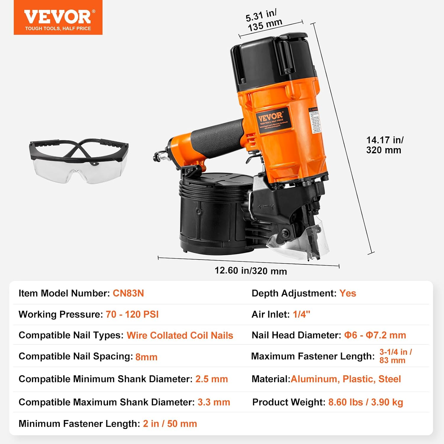 VEVOR Coil Siding/Framing Nailer CN83N, 2' to 3-1/4' 15 Degree Pneumatic Siding Nail Gun with Tool-Less Depth Adjustment, 70-120PSI Air Coil Nailer for Siding Sheathing Wooding Fencing Decking