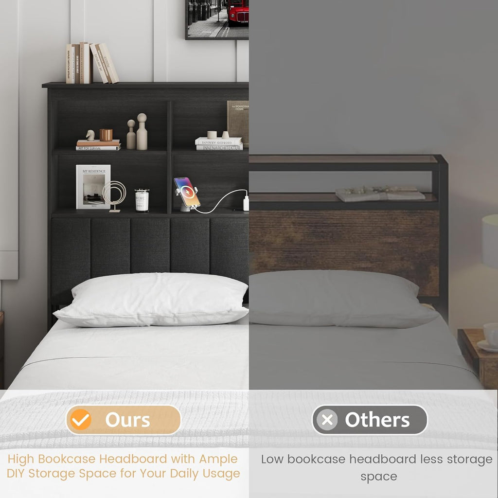 HISOFT Queen Bed Frame with Storage Headboard, Wood Bed with High Storage Bookcase, 4 Drawers & LED & Charging Station,No Box Spring Needed/Noise Free/All-Metal Support, Rustic Grey