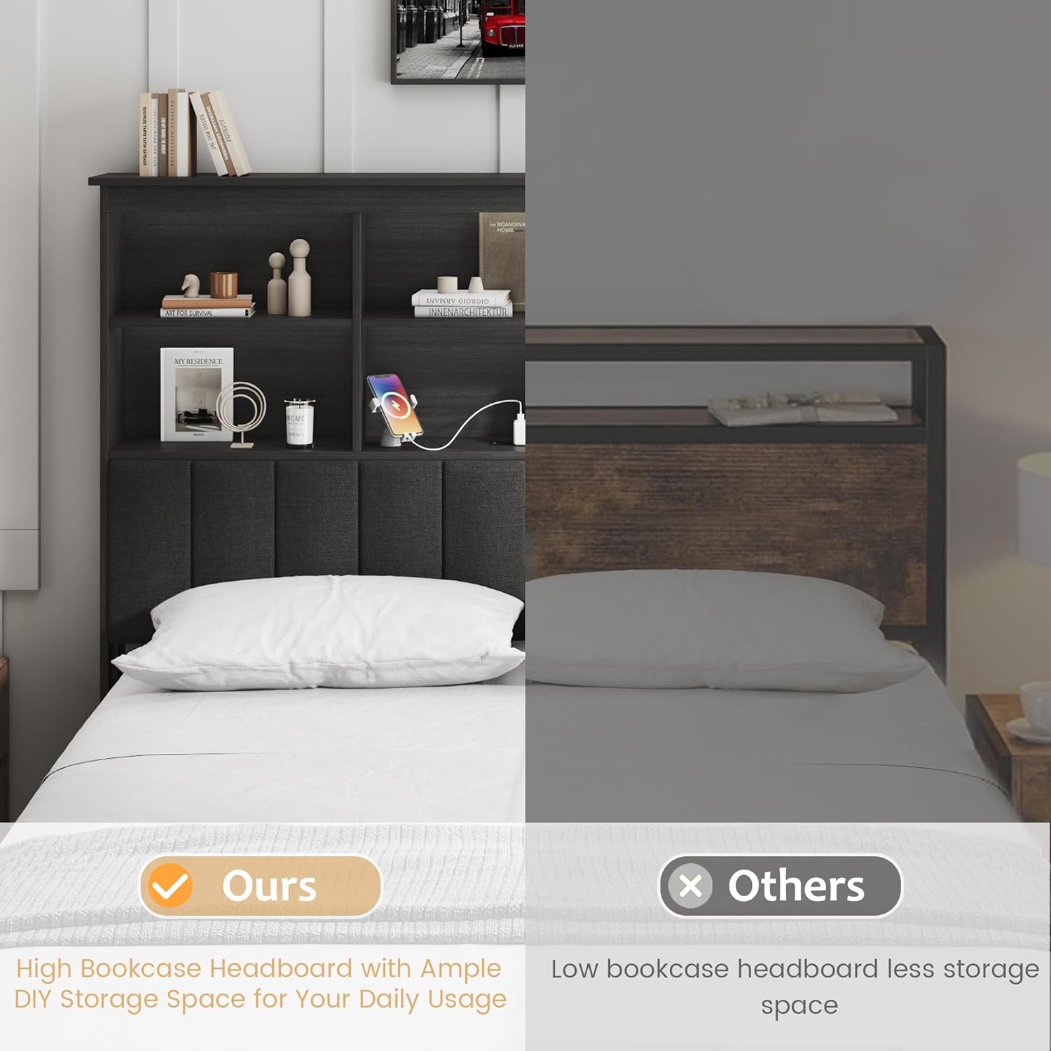 HISOFT Queen Bed Frame with Storage Headboard, Wood Bed with High Storage Bookcase, 4 Drawers & LED & Charging Station,No Box Spring Needed/Noise Free/All-Metal Support, Rustic Grey