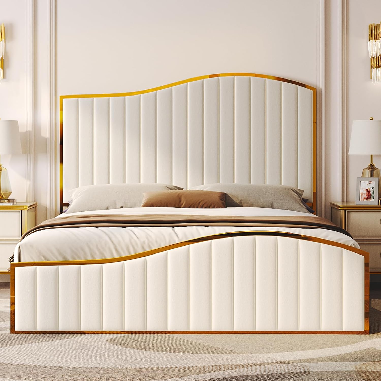 AMERLIFE Queen Size Bed Frame with 61.4' Tall Headboard, Velvet Upholstered Platform Bed with Gold Trim & Footboard, Wooden Slat Support, No Box Spring Needed, Cream