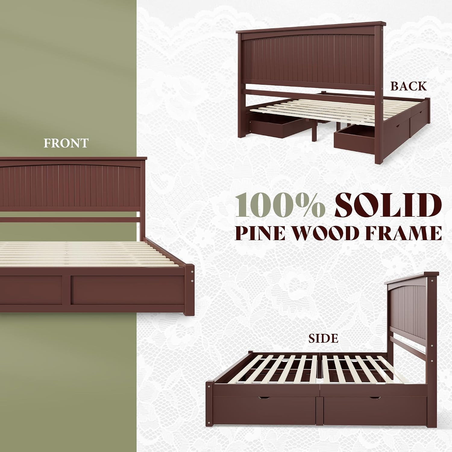 AMERLIFE Solid Wood Full Size Storage Bed Frame with Headboard, Platform Bedframe with 2 Storage Drawers, Beadboard Design & Wooden Slats/No Box Spring Needed/Noise-Free, Espresso Brown Finish