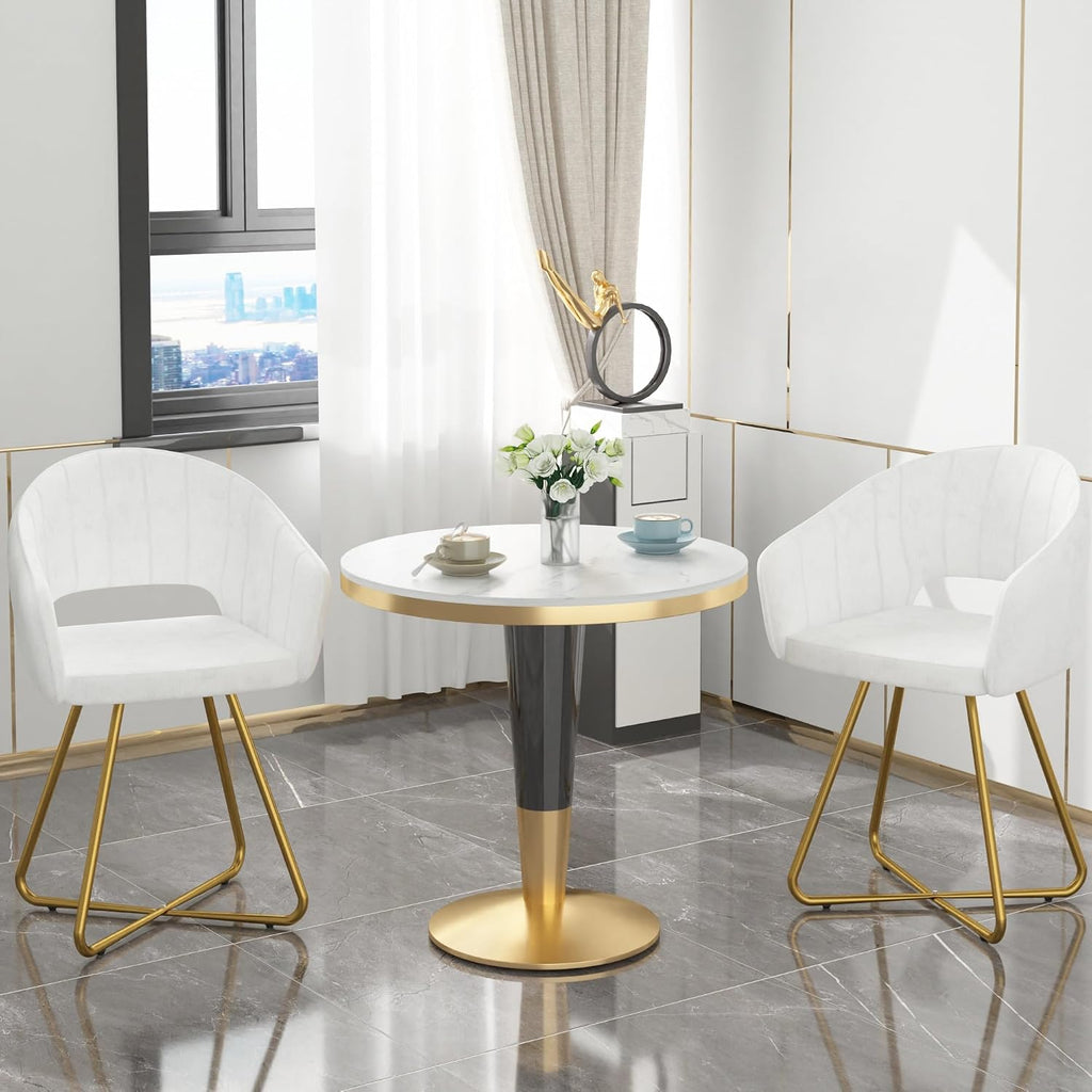 VECELO Velvet Accent Chair Set of 2, Luxury Vanity & Dining Chair with Gold Cross Base, 360°Swivel Upholstered Armchair for Living Room, Bedroom, Home Office, Pearl White