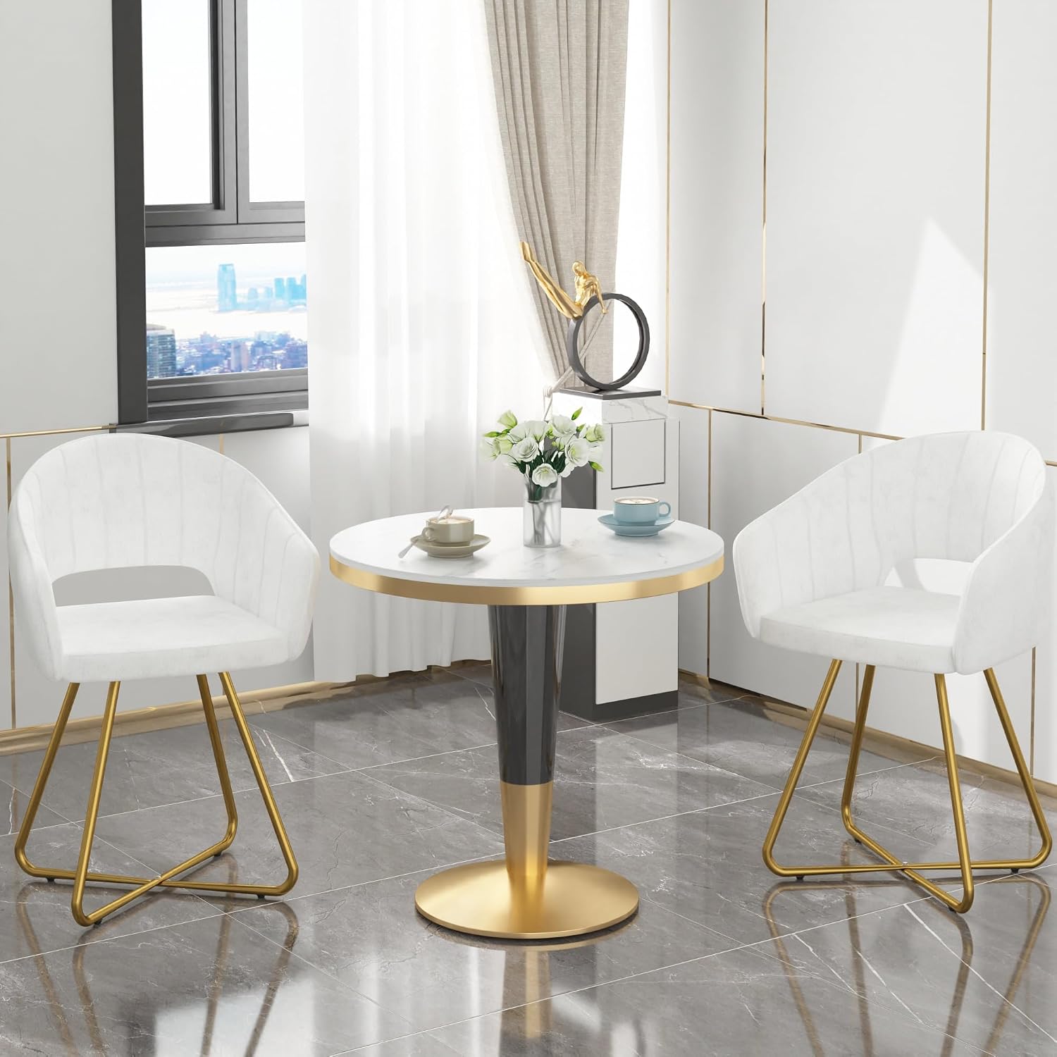 VECELO Velvet Accent Chair Set of 2, Luxury Vanity & Dining Chair with Gold Cross Base, 360°Swivel Upholstered Armchair for Living Room, Bedroom, Home Office, Pearl White