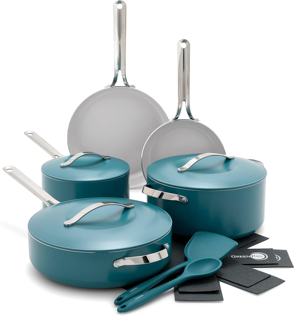 GreenPan Nova 10-Piece Cookware Pots & Pans Set, Oprah's Favorite Things 2024, PFAS-Free Ceramic Nonstick, Fry, Sauté, Stockpot, Utensils, Lids, Induction Suitable, Dishwasher & Oven Safe, Deep Teal