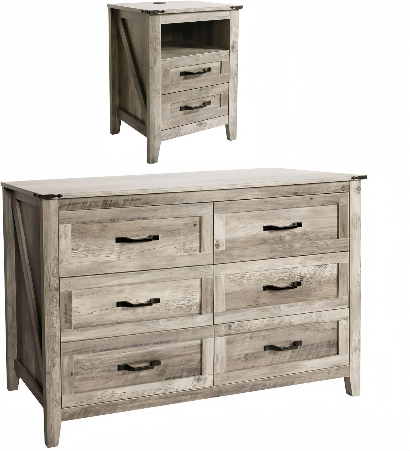 NEDYO Farmhouse Dresser and Nightstand Sets, Rustic Wooden Bedroom Set, 2PCS Dresser Set Including 6 Drawer Dresser & Nightstand with Charging Station. Light Rustic Oak
