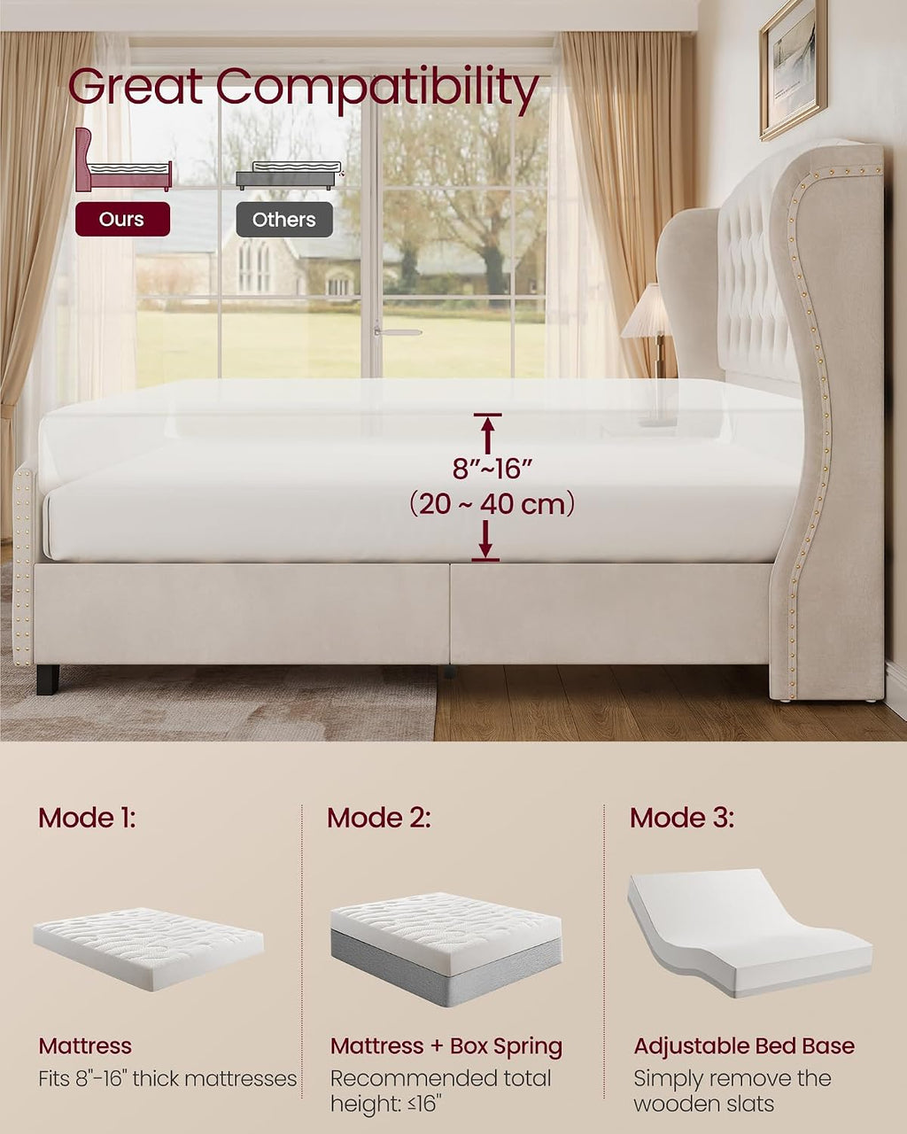 VASAGLE Queen Bed Frame with Tall Headboard, Upholstered Platform Bed Frame Queen Size, with Wingback Tufted Headboard and Footboard, Wooden Slats, No Box Spring Needed, Cappuccino Beige URMB881W01