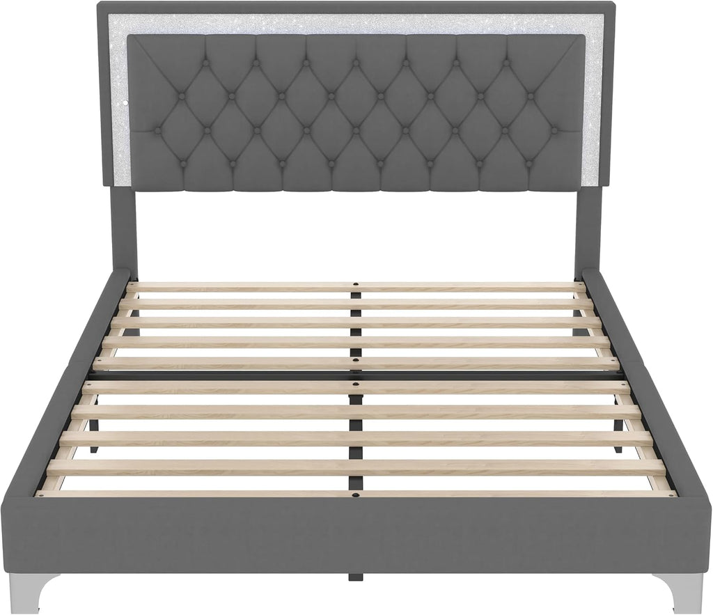 Harper & Bright Designs 3 Pieces Bedroom Sets, Mid Century Modern Queen Size Upholstered Platform Bed Frame with Headboard, 2 Nightstands and LED Lights, Bedroom Furniture Sets (Gray)