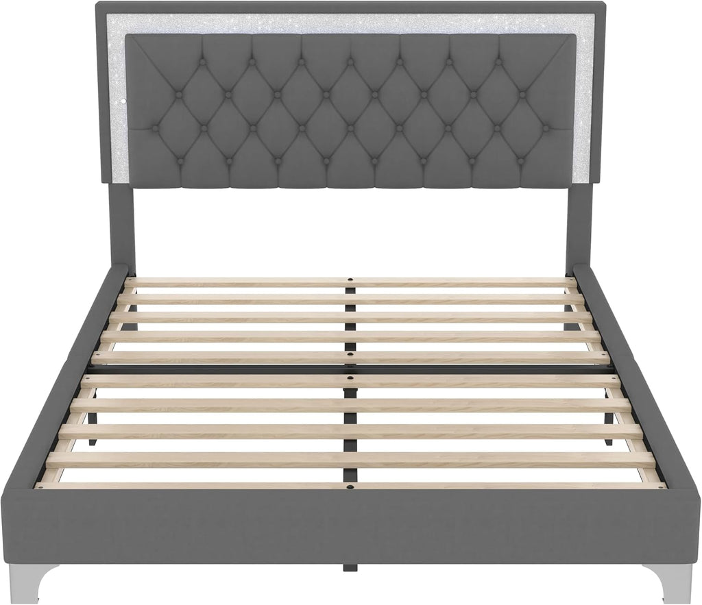 Merax 3 Pieces Bedroom Set, Queen Size Upholstered Platform Bed Frame with LED Lights and 2 Nightstands,Farmhouse Bedroom Furniture Set,Gray