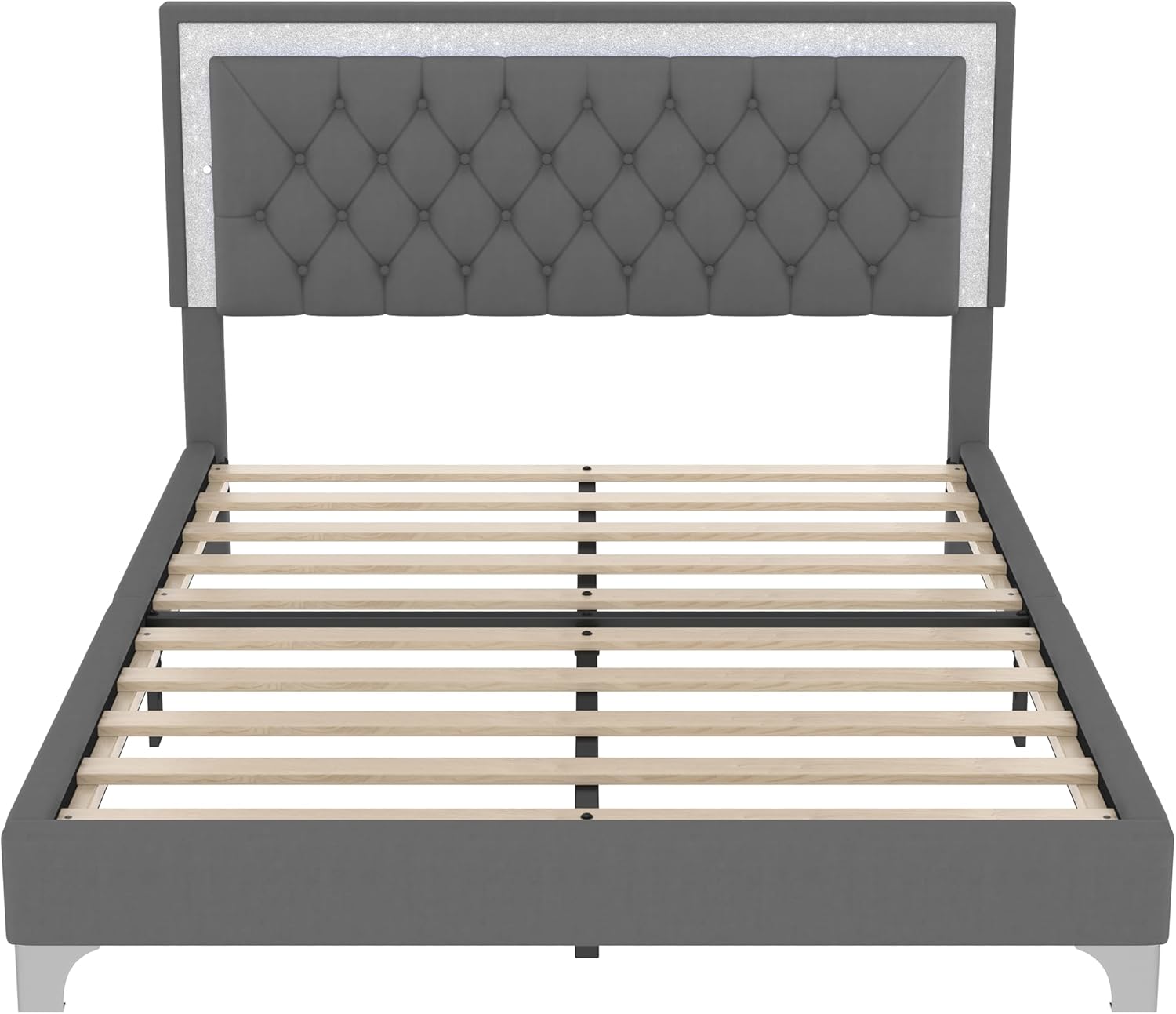 Merax 3 Pieces Bedroom Set, Queen Size Upholstered Platform Bed Frame with LED Lights and 2 Nightstands,Farmhouse Bedroom Furniture Set,Gray