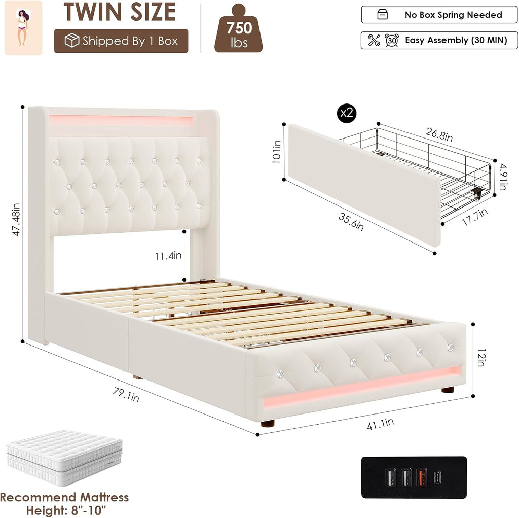 HIFIT Upholstered Twin LED Bed Frame with Charging Station Headboard & 2 Storage Drawer, Velvet Crystal Button-Tufted Princess Twin Size Platform Bed Frames for Girls, No Box Spring Needed, Beige
