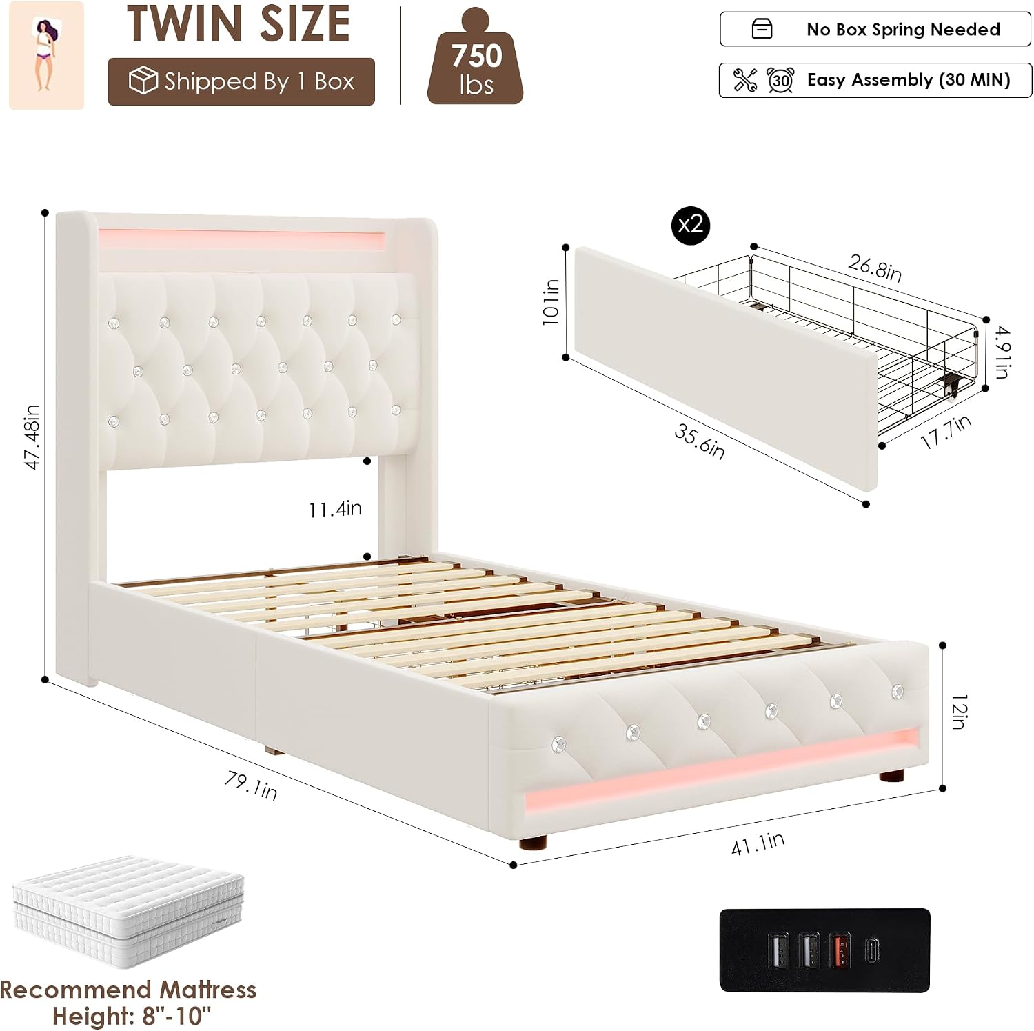 HIFIT Upholstered Twin LED Bed Frame with Charging Station Headboard & 2 Storage Drawer, Velvet Crystal Button-Tufted Princess Twin Size Platform Bed Frames for Girls, No Box Spring Needed, Beige