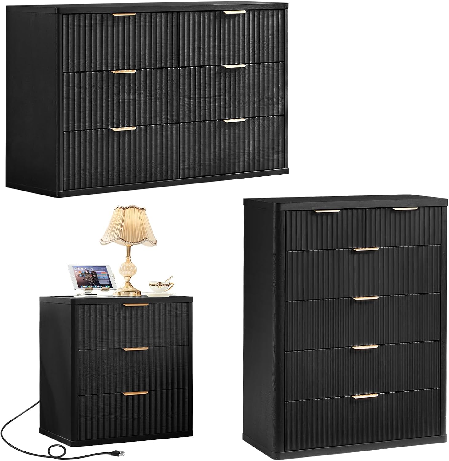 LEYAOYAO Fluted Dressers & Nightstand Set of 3, Wood 48' Wide Dresser & 42' Tall Chest of Drawers,Modern Bedroom Furniture Sets, Black Wooden Nightstand with 3 Drawers & Charging Station