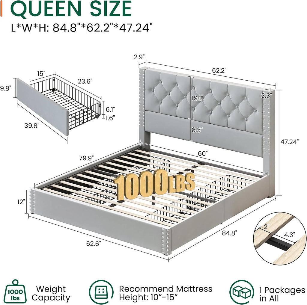 LARMACE Queen Size Bed Frame Upholstered Platform Bed with 4 Storage Drawers and Tufted Headboard Bed Frame with Heavy Duty Wood Slats, No Box Spring Needed, Easy Assembly, Bluish Grey