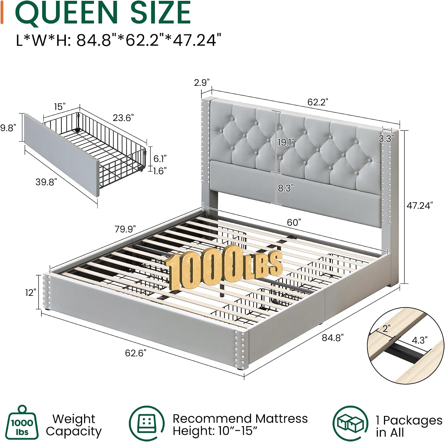 LARMACE Queen Size Bed Frame Upholstered Platform Bed with 4 Storage Drawers and Tufted Headboard Bed Frame with Heavy Duty Wood Slats, No Box Spring Needed, Easy Assembly, Bluish Grey