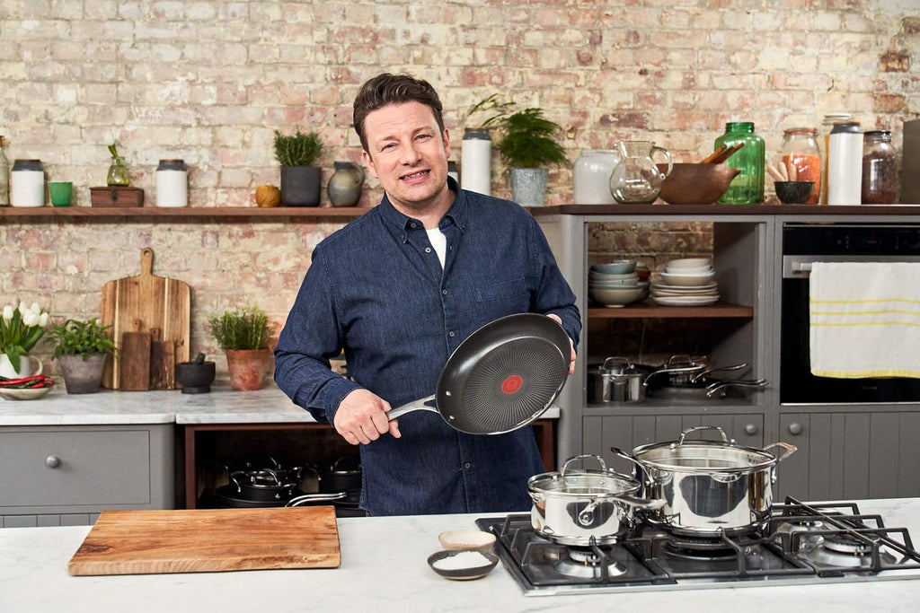 T-Fal x Jamie Oliver Nonstick Coated Stainless Steel Pans 8', 9.5' & 11', Frypan Set Induction Compatible, Oven Safe up to 500°F, Chef's Stainless Steel Skillet, Frying Pan, Silver