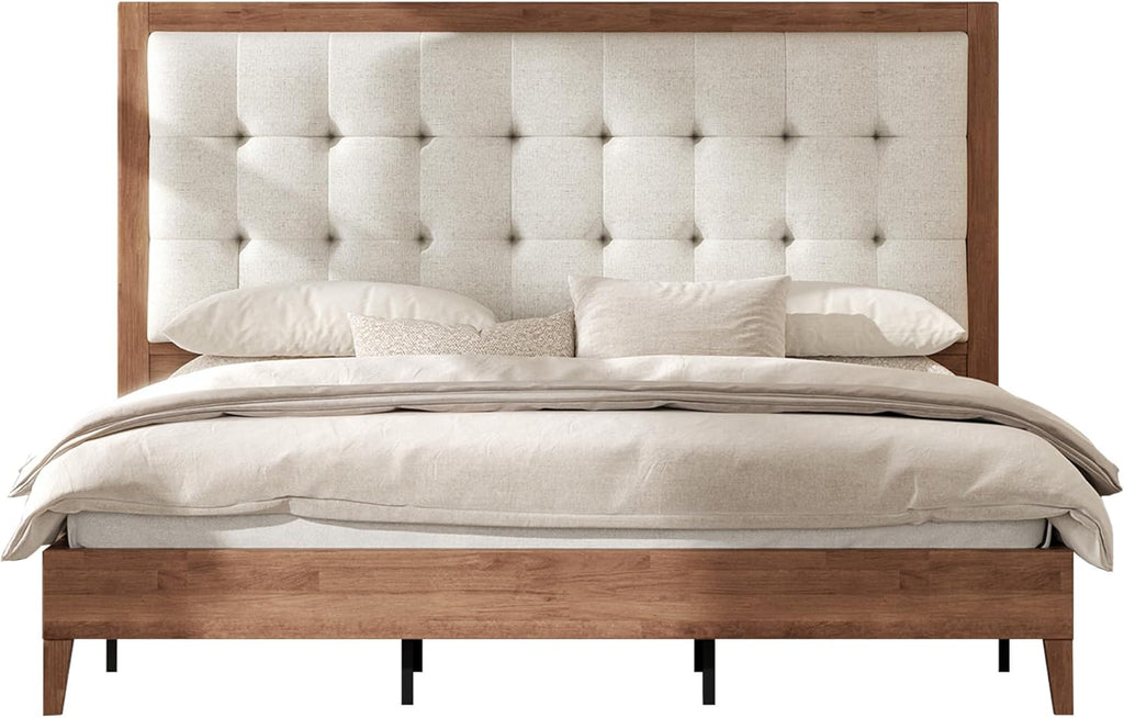 AMERLIFE Queen Bed Frame with Headboard, Solid Wooden Bed Frame Queen Size Platform Bed Mid-Century Style, No Box Spring Required, Walnut