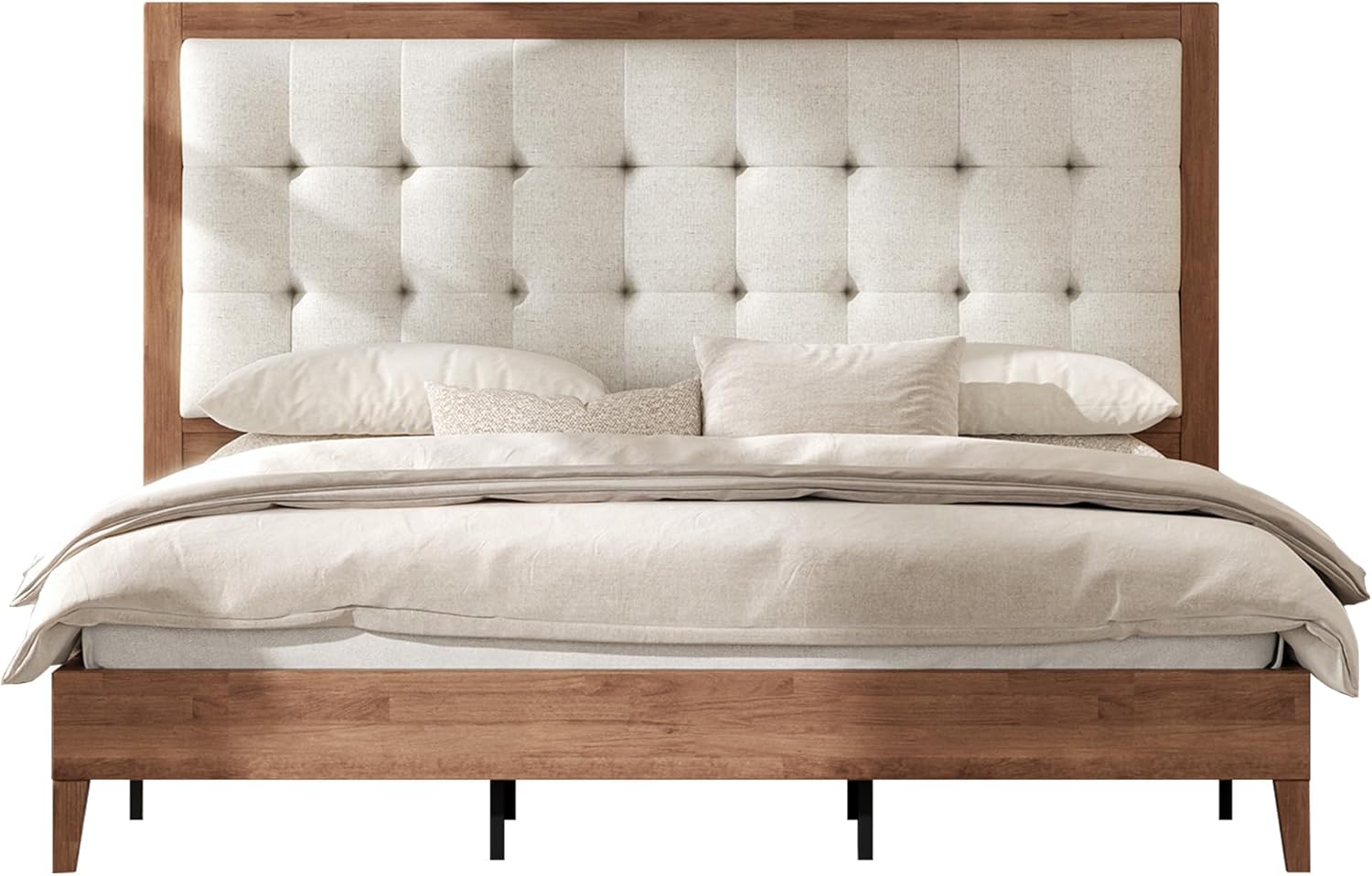 AMERLIFE Full Size Bed Frame with Headboard, Solid Wooden Bed Frame Full Size Platform Bed Frame Mid-Century Style, No Box Spring Required, Walnut