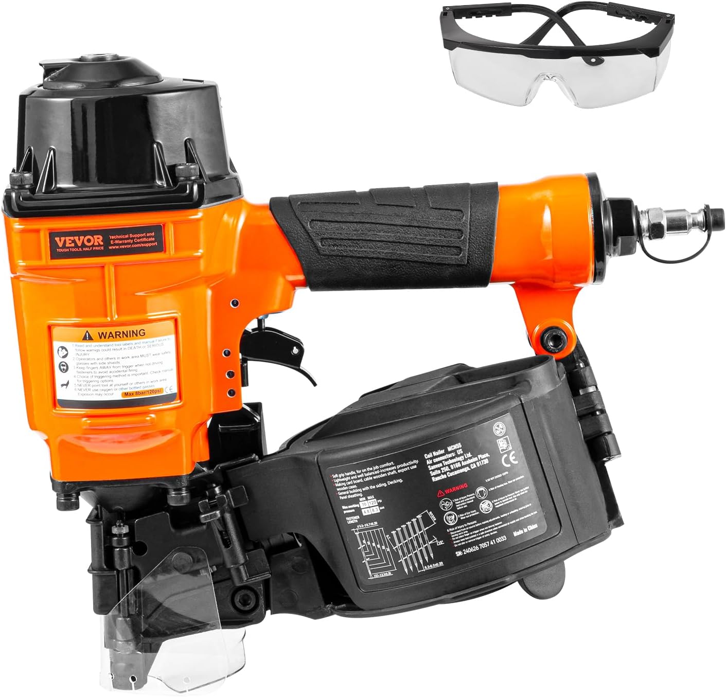 VEVOR MCN55 Coil Siding Nailer, 70-120PSI Air Coil Nailer 1 inch to 2-1/4 inch 15 Degree Pneumatic Siding Nail Gun for Siding, Pallet Sheathing, Fencing, Decking