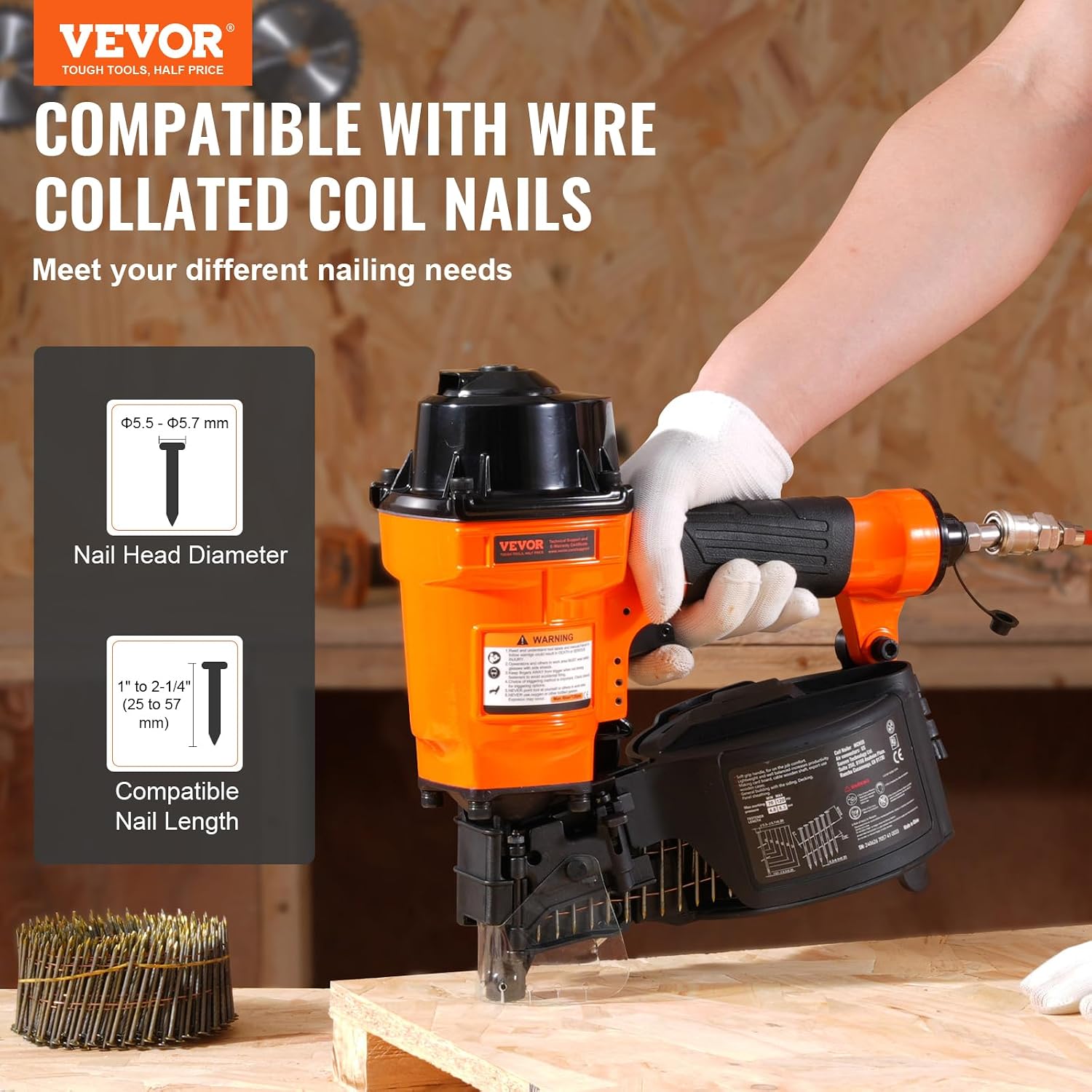 VEVOR MCN55 Coil Siding Nailer, 70-120PSI Air Coil Nailer 1 inch to 2-1/4 inch 15 Degree Pneumatic Siding Nail Gun for Siding, Pallet Sheathing, Fencing, Decking