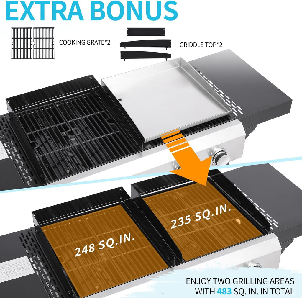 Propane Gas Grill and Griddle Combo, 4 Burner 40,000 BTU Outdoor Cooking Station with 483 Sq. In. Cooking Area, Portable BBQ for Garden Patio Backyard Barbecue