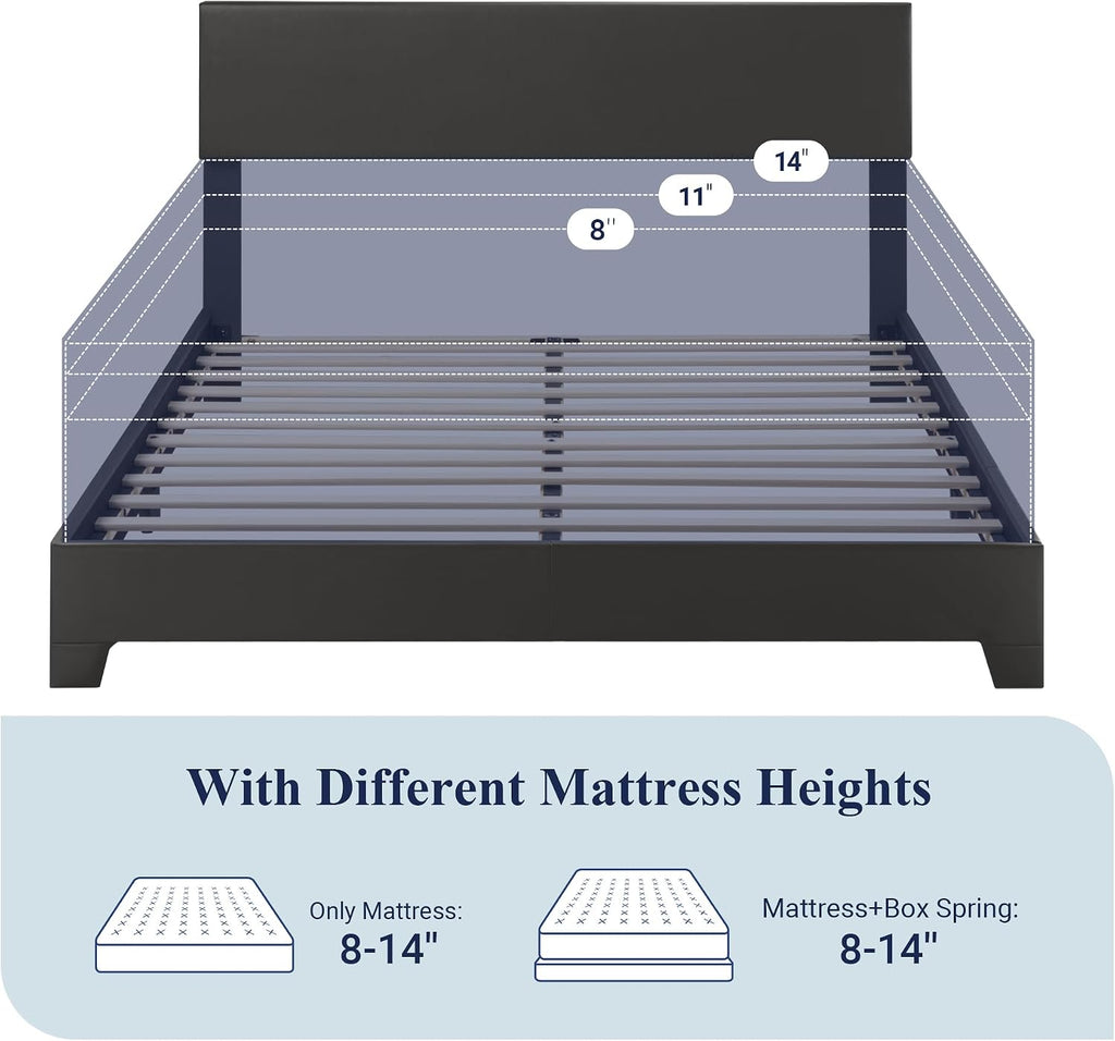Allewie Queen Bed Frame with Adjustable Headboard, Faux Leather Platform Bed with Wood Slats, Heavy Duty Mattress Foundation, No Box Spring Needed, Noise-Free, Easy Assembly, Black