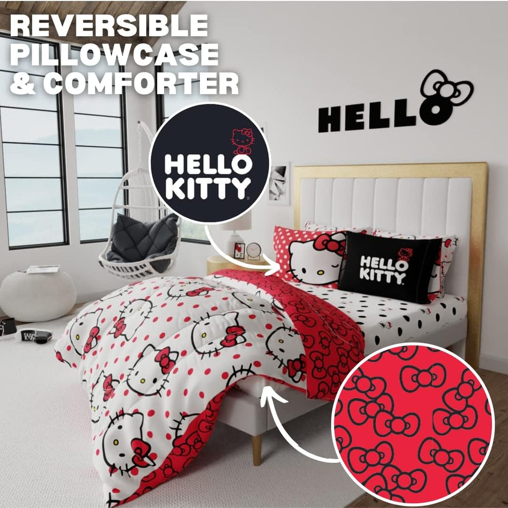 Hello Kitty Polka Dot Bedding 7 Piece Super Soft Comforter and Sheet Set with Sham, Queen, (Official Licensed Product) by Franco Collectibles
