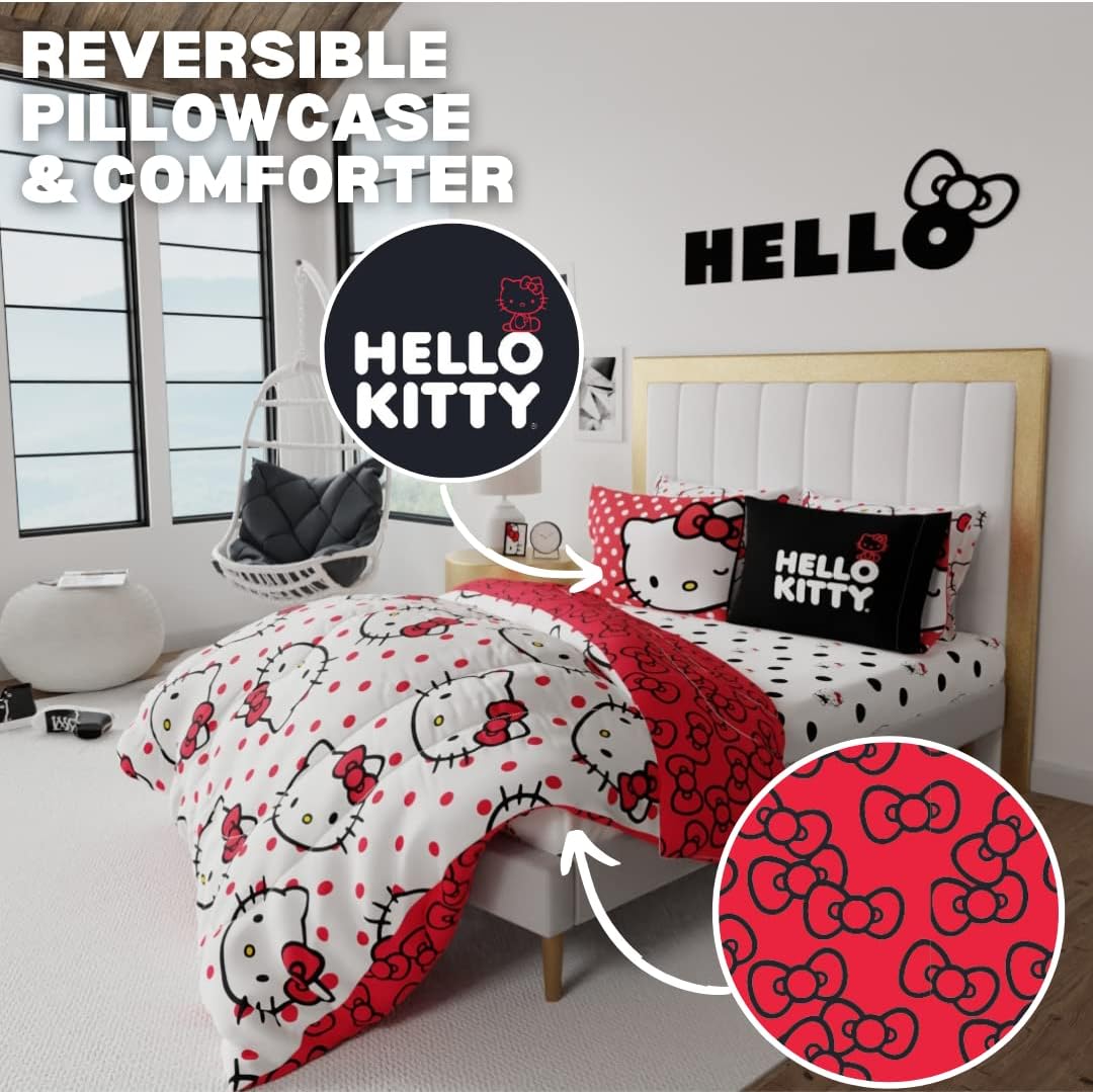 Hello Kitty Polka Dot Bedding 7 Piece Super Soft Comforter and Sheet Set with Sham, Queen, (Official Licensed Product) by Franco Collectibles