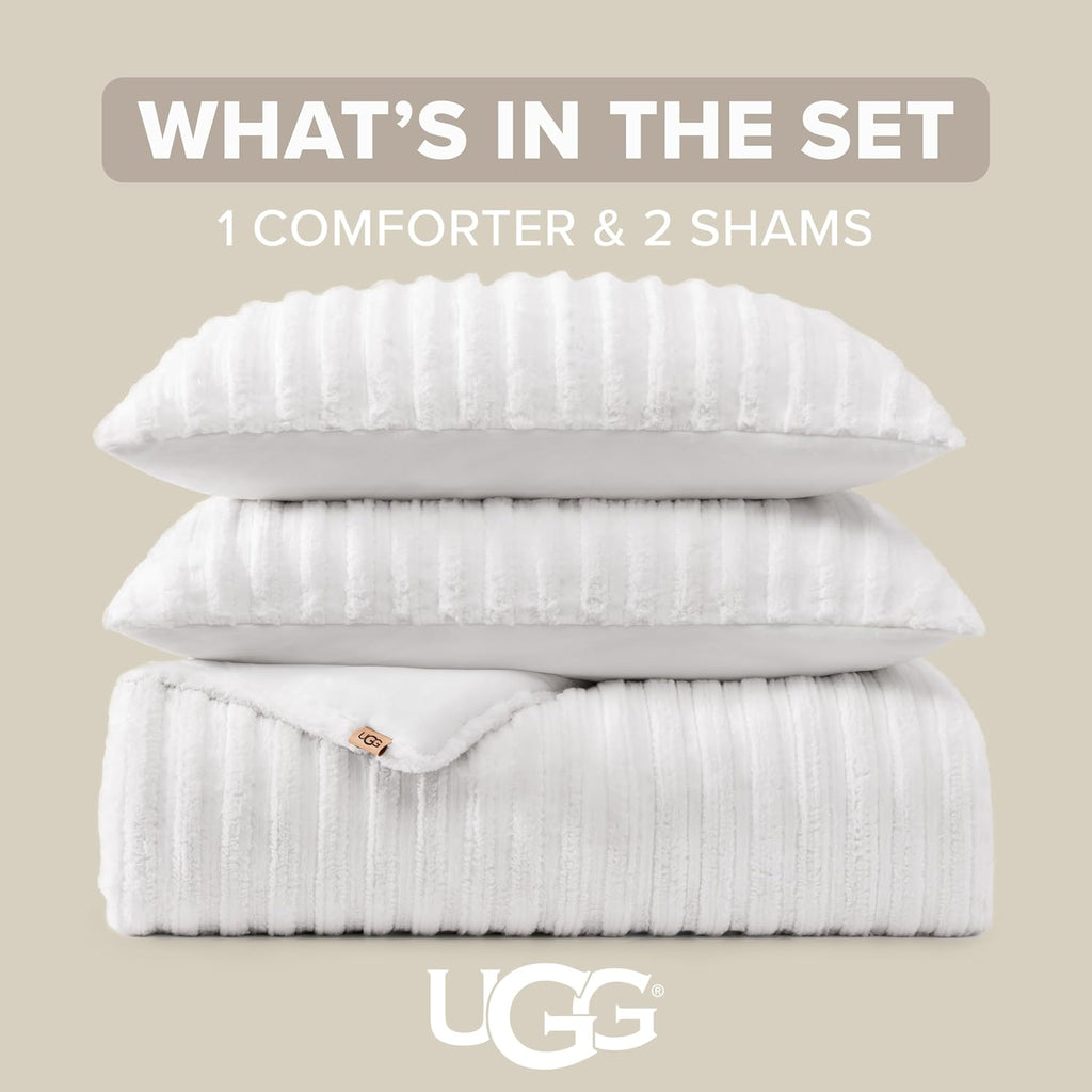 UGG Kenzie Comforter Set with 2 Pillow Shams Plush Faux Fur Bedding Soft Warm Down Alternative Comforter Washable Hypoallergenic Fluffy Blanket Set for Bedroom, King/California King Size, White Snow