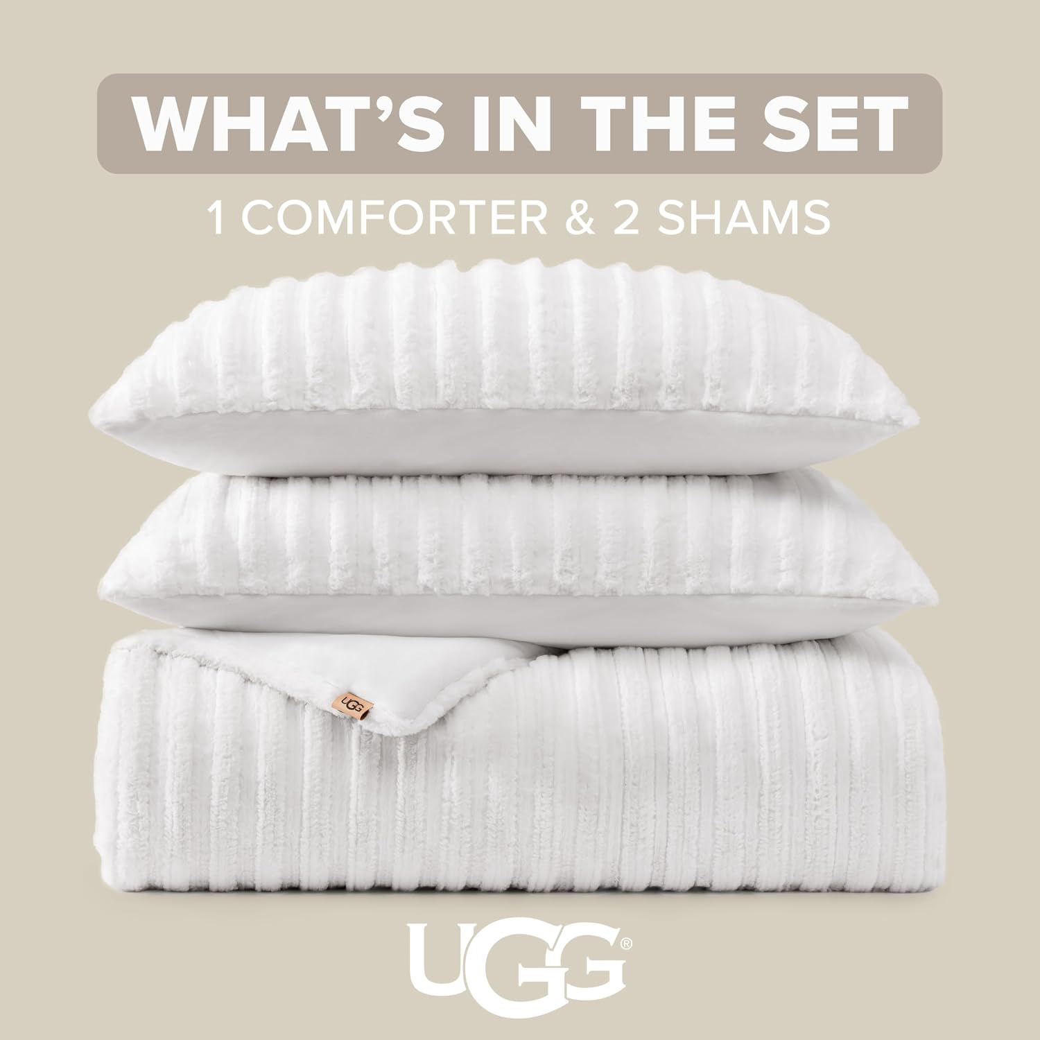 UGG Kenzie Comforter Set with 2 Pillow Shams Plush Faux Fur Bedding Soft Warm Down Alternative Comforter Washable Hypoallergenic Fluffy Blanket Set for Bedroom, King/California King Size, White Snow